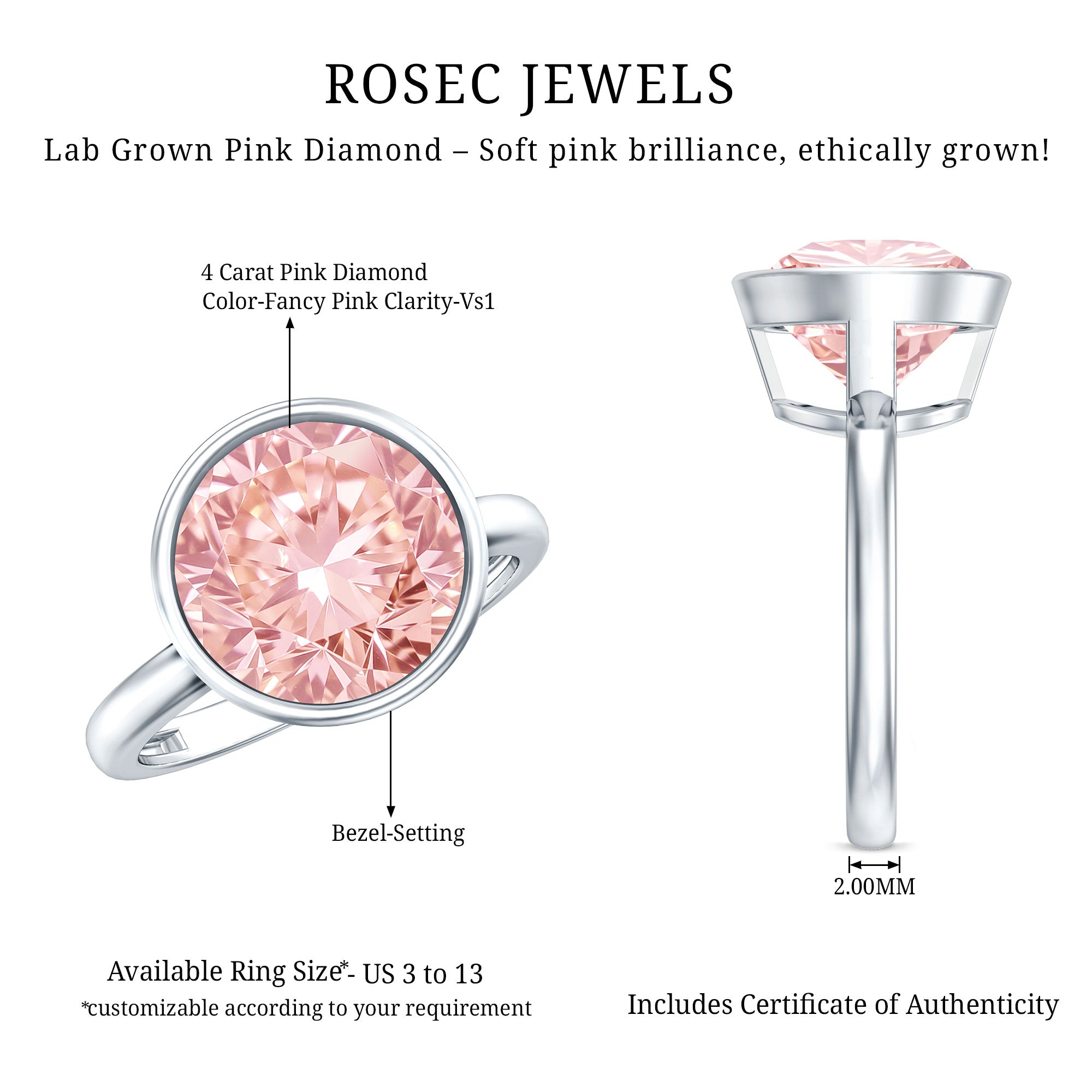 Rosec Jewels-Solitaire Lab Grown Pink Diamond 4 Carat Round Engagement Ring IGI Certified