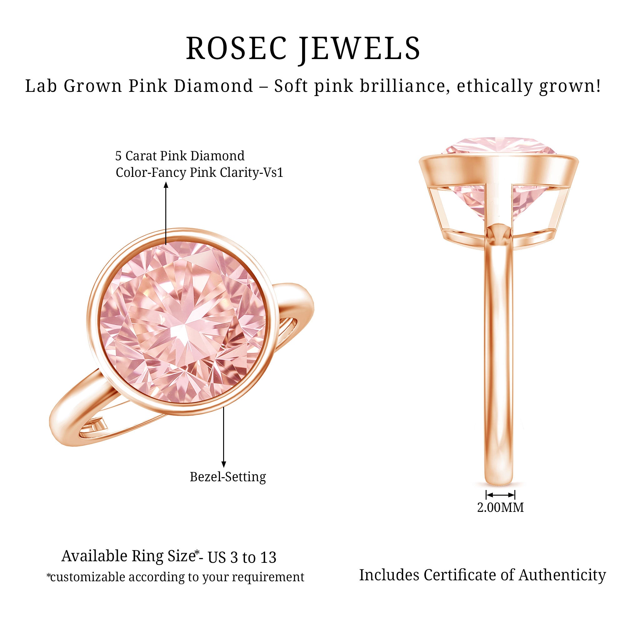 Large 5 Carat Lab Grown Pink Diamond Bezel Engagement Ring with IGI Certificate Fancy Pink - VS1 - Rosec Jewels