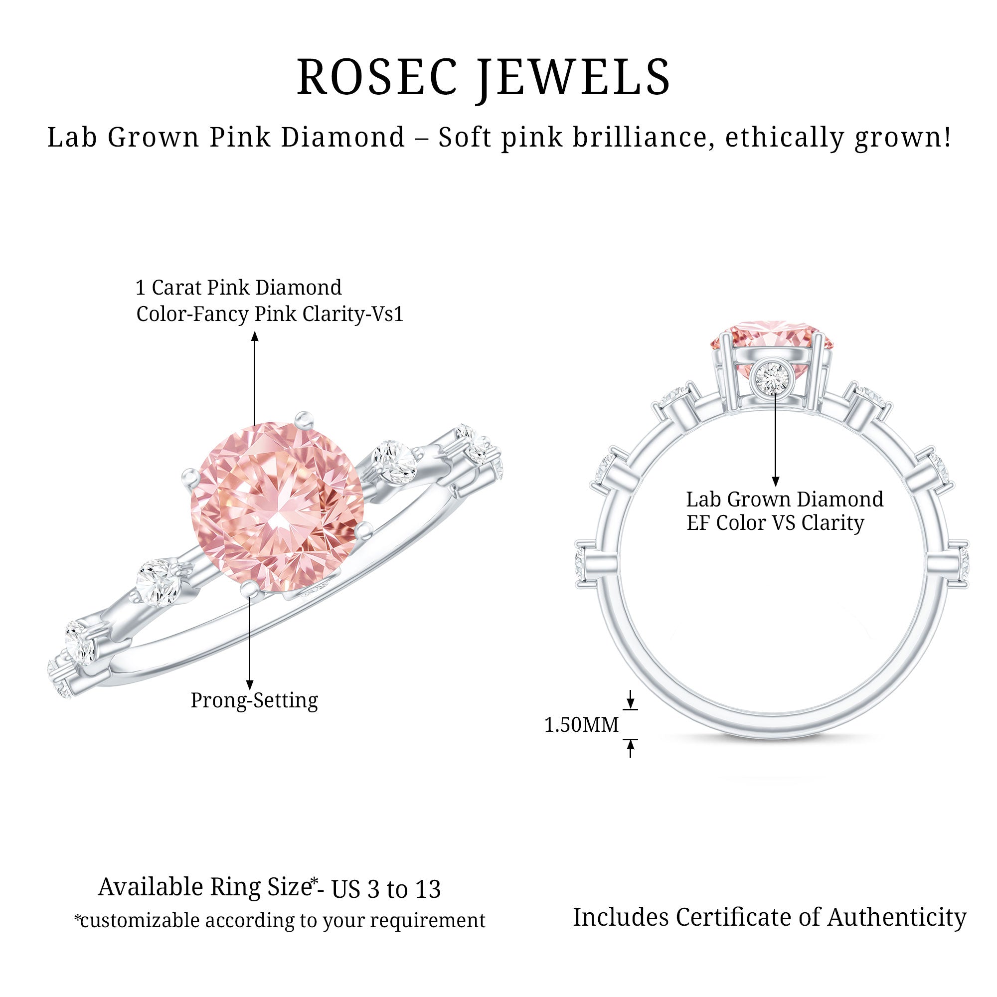 Rosec Jewels-IGI Certified 1 Carat Round Lab Grown Pink Diamond Ring