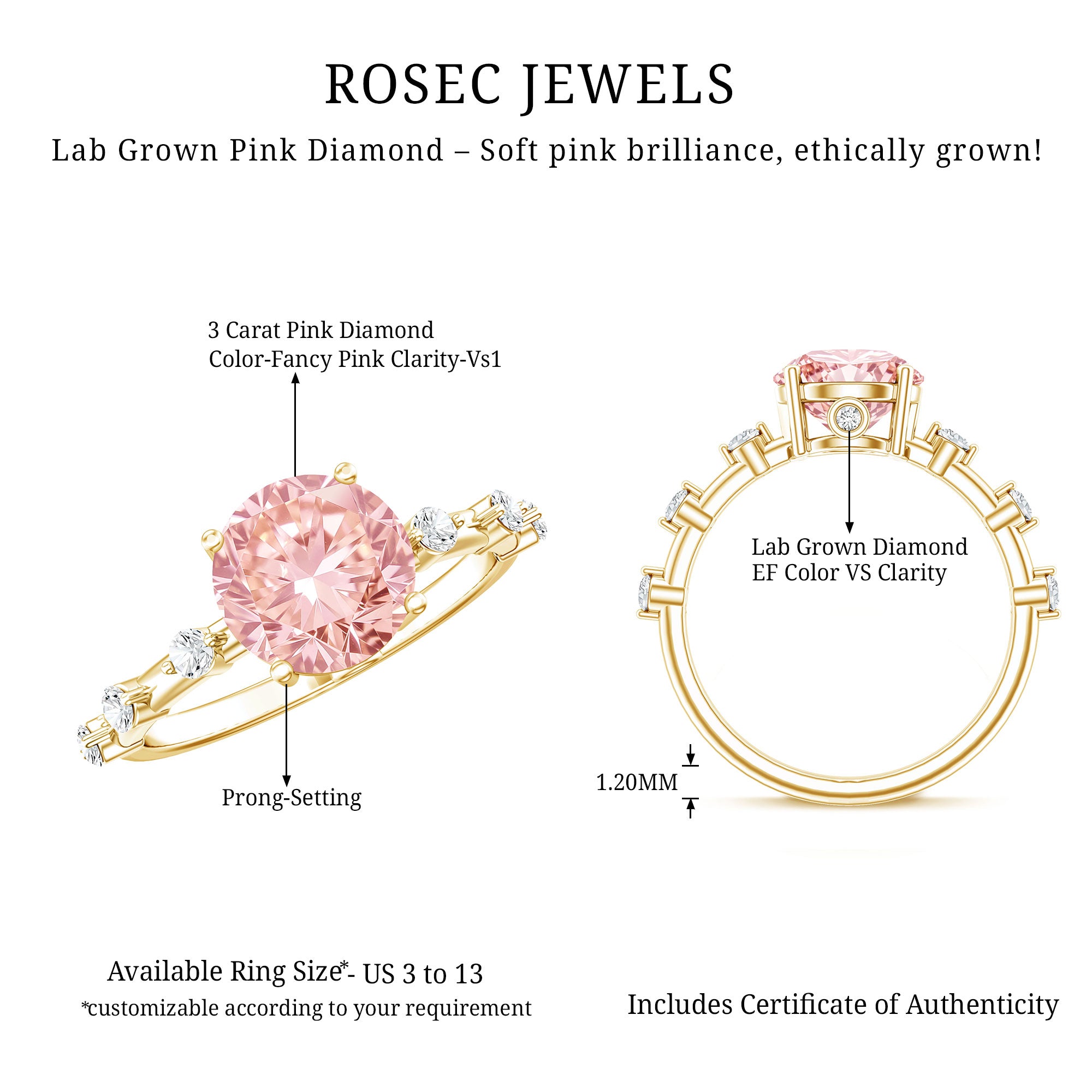 Rosec Jewels-IGI Certified 3 Carat Lab Grown Pink Diamond Engagement Ring with Spaced Accent