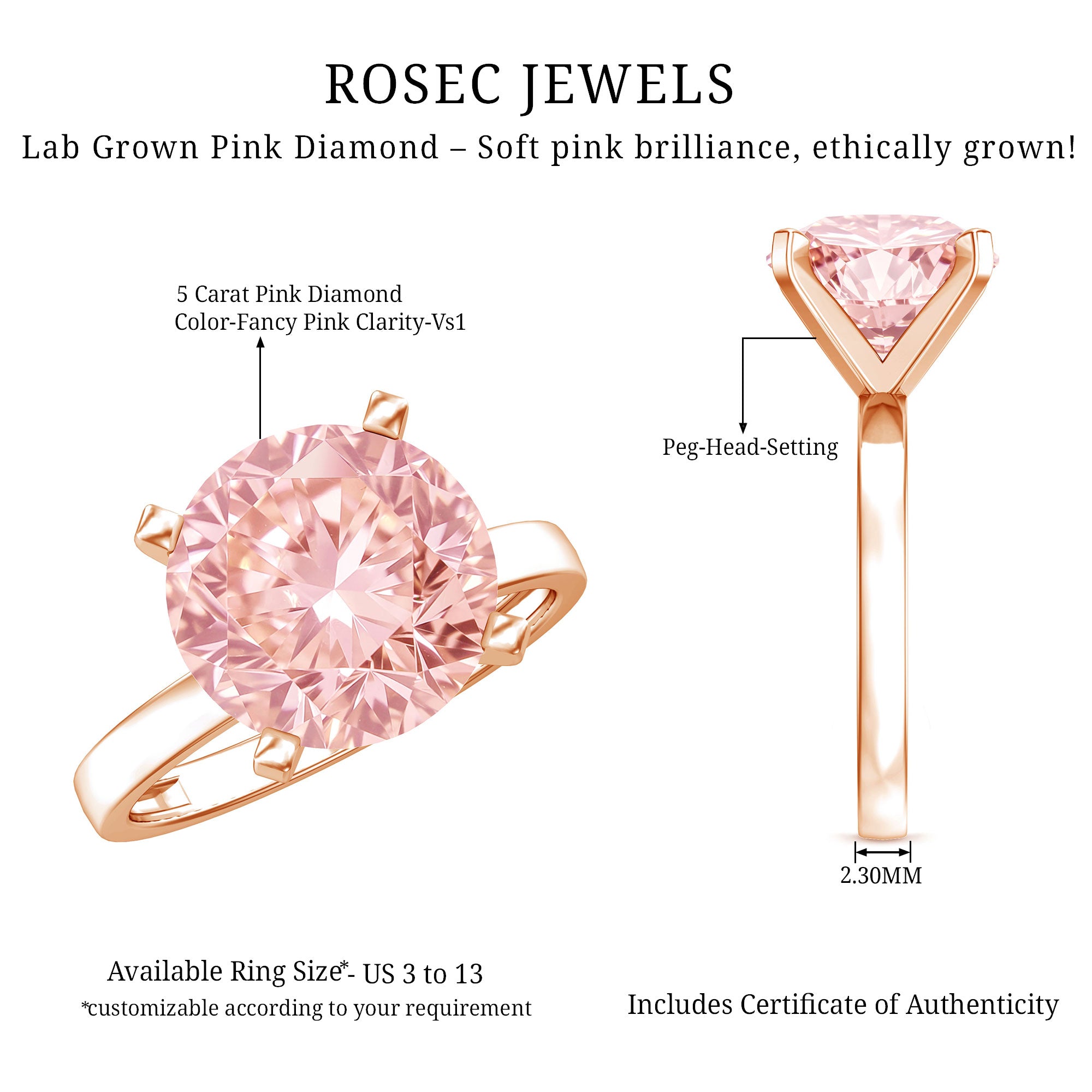 Lab Created 5 Carat Pink Diamond Solitaire Engagement Ring IGI Certified Fancy Pink - VS1 - Rosec Jewels