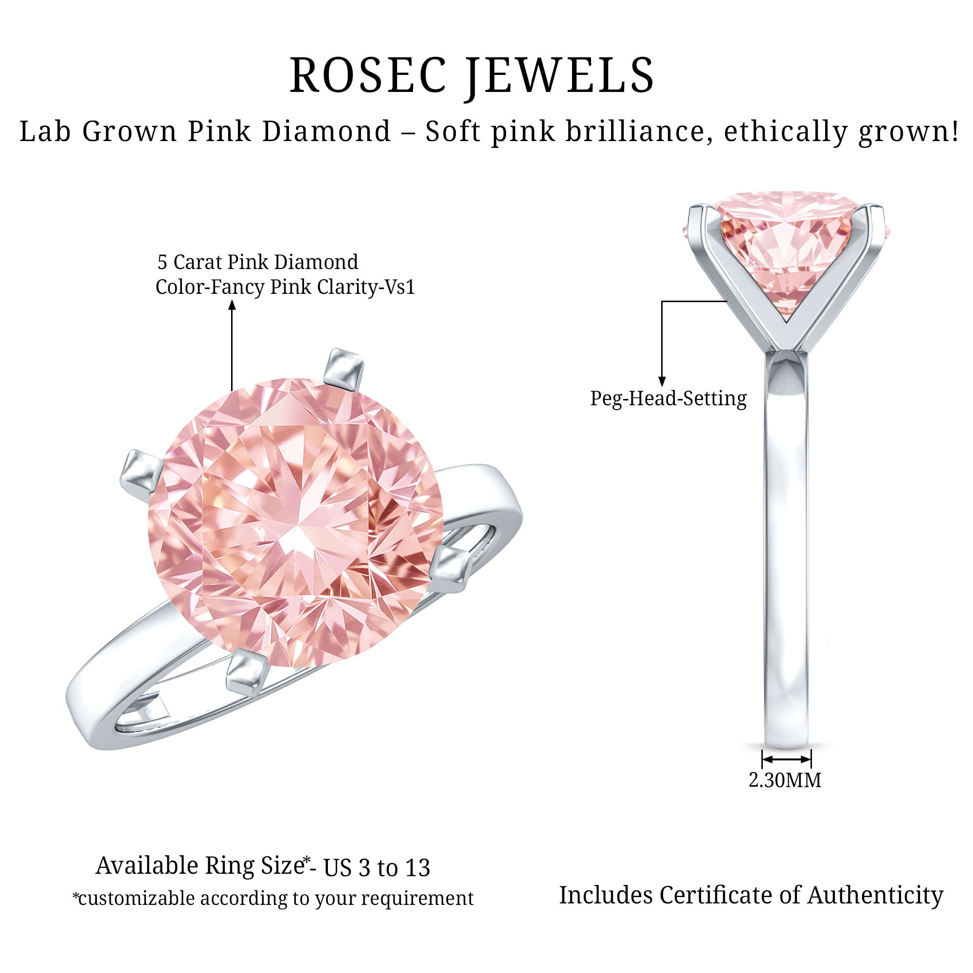 Lab Created 5 Carat Pink Diamond Solitaire Engagement Ring IGI Certified Fancy Pink - VS1 - Rosec Jewels