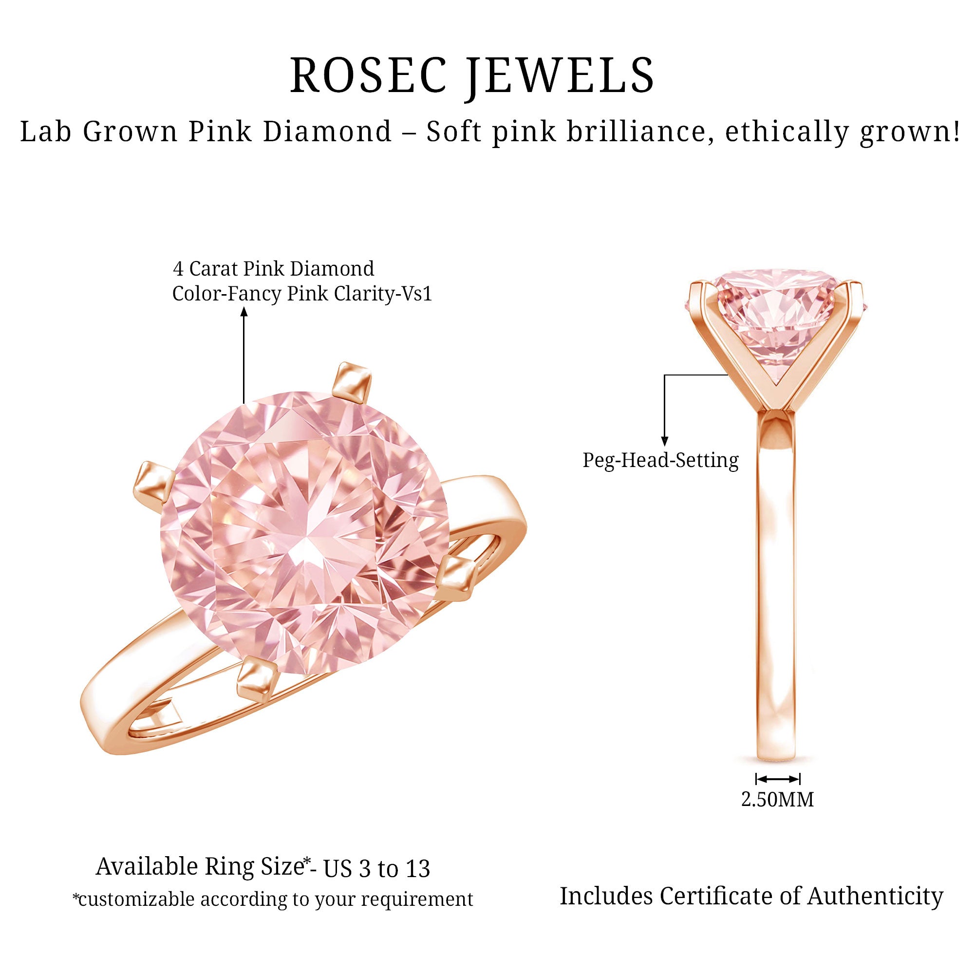 Peg Headset Solitaire 4 Carat Lab Grown Pink Diamond Engagement Ring IGI Certified Fancy Pink - VS1 - Rosec Jewels