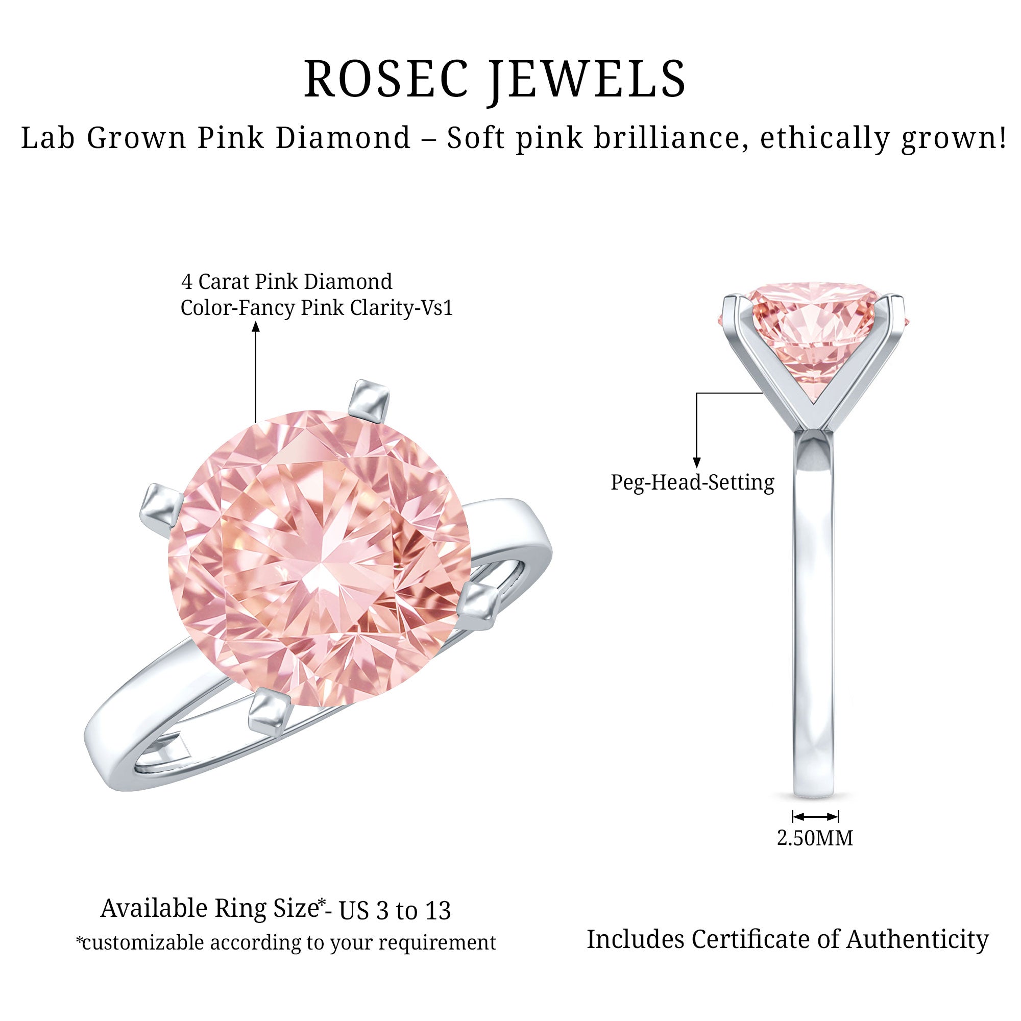 Peg Headset Solitaire 4 Carat Lab Grown Pink Diamond Engagement Ring IGI Certified Fancy Pink - VS1 - Rosec Jewels