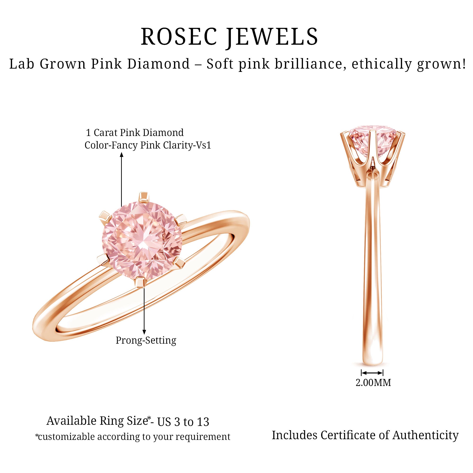 Round Brilliant Cut Lab Grown Pink Diamond 1 Carat Solitaire Ring with IGI Certificate Fancy Pink - VS1 - Rosec Jewels