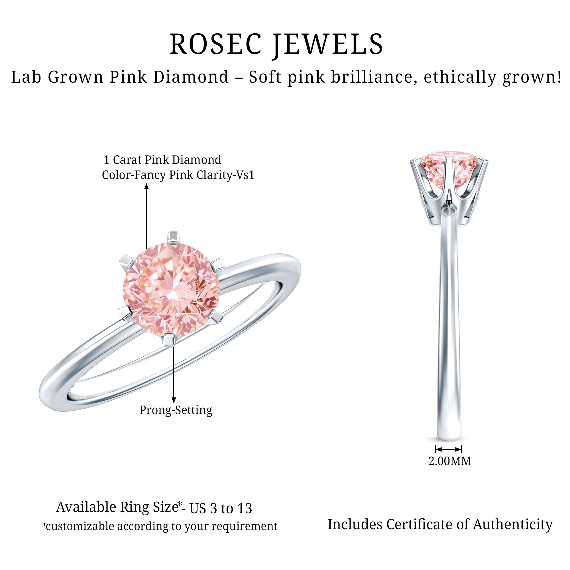 Round Brilliant Cut Lab Grown Pink Diamond 1 Carat Solitaire Ring with IGI Certificate Fancy Pink - VS1 - Rosec Jewels
