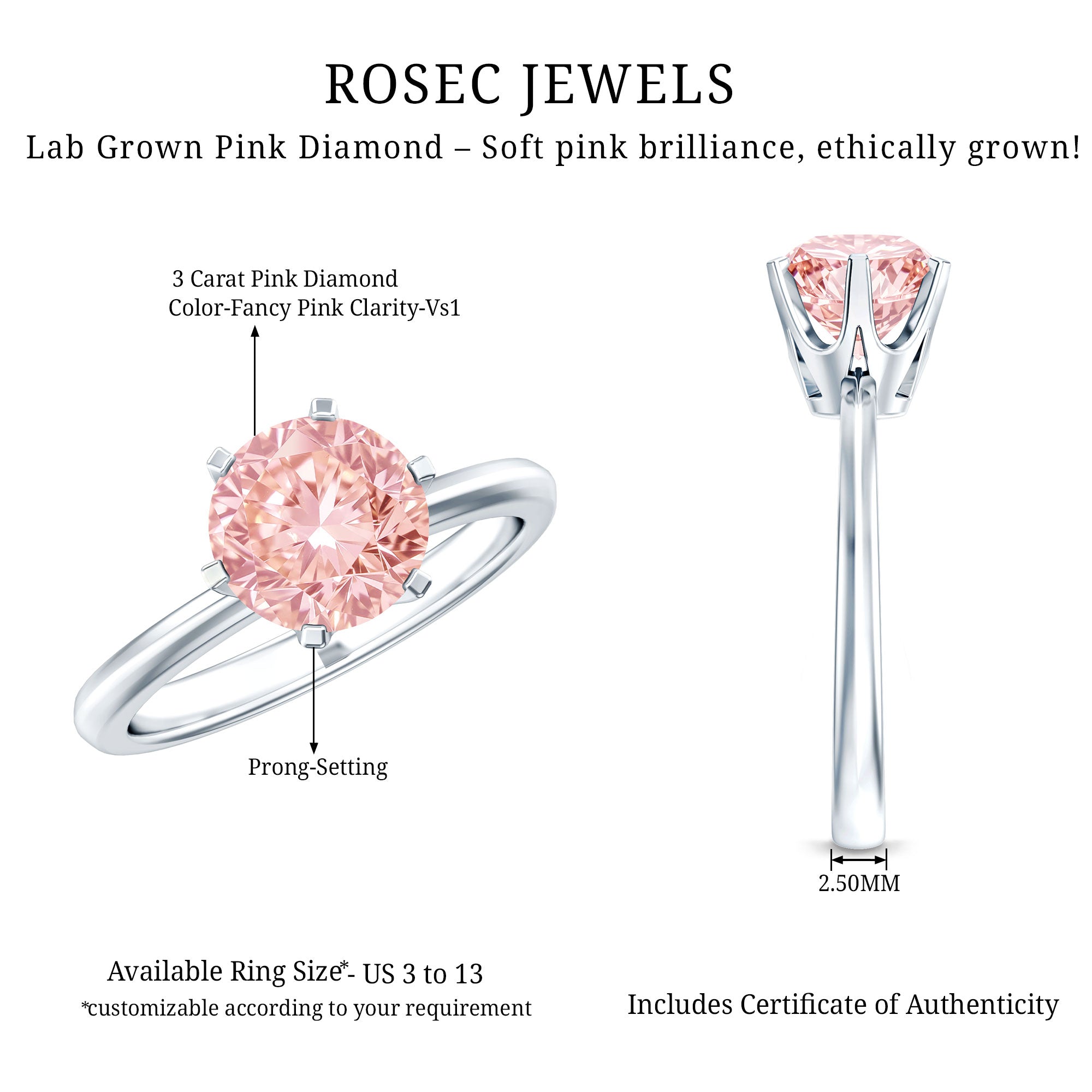 IGI Certified Solitaire 3 Carat Lab Grown Pink Diamond Engagement Ring For Women Fancy Pink - VS1 - Rosec Jewels