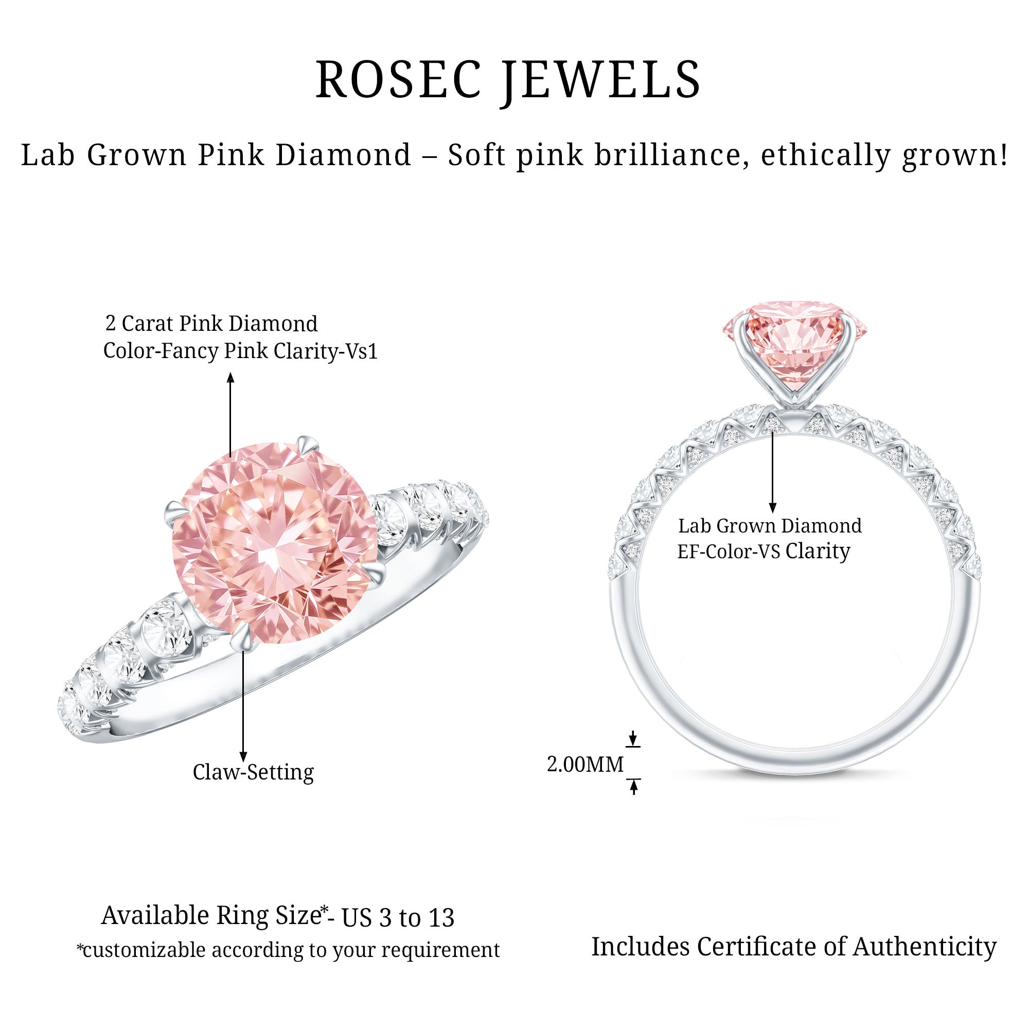 Rosec Jewels-2 Carat IGI Certified Lab Grown Pink and White Diamond Engagement Ring with Side Stones