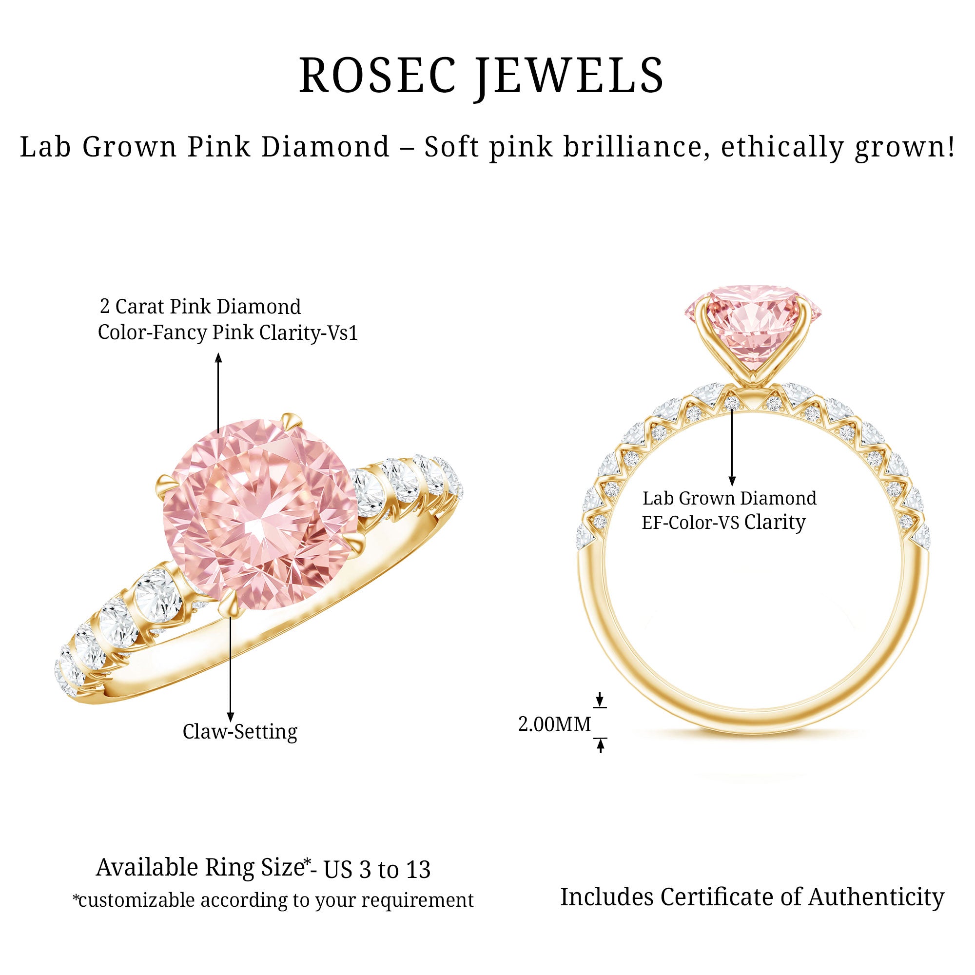 Rosec Jewels-2 Carat IGI Certified Lab Grown Pink and White Diamond Engagement Ring with Side Stones