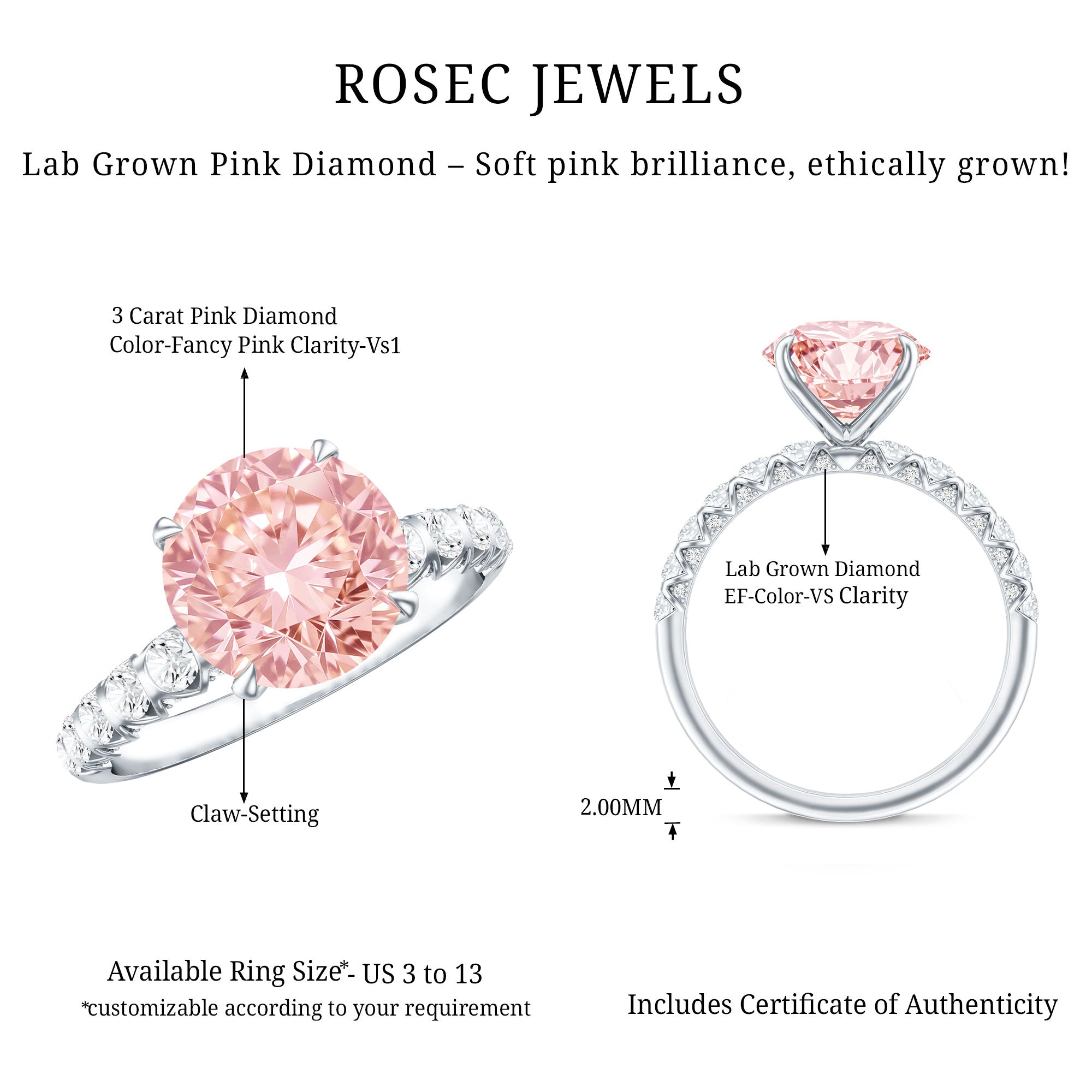 Round 3 Carat Lab Pink Diamond Side Stone Engagement Ring with IGI Certificate Fancy Pink - VS1 - Rosec Jewels