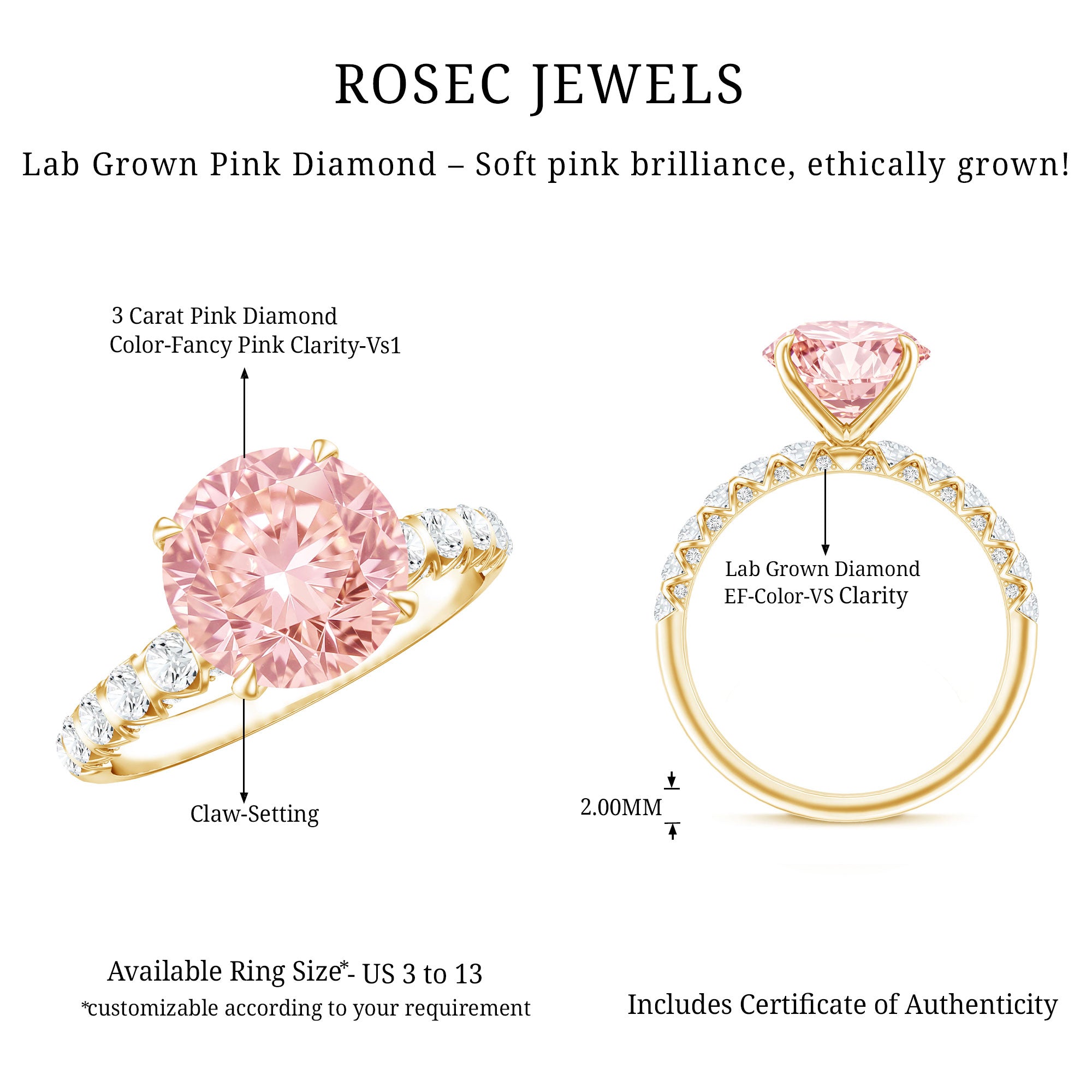 Rosec Jewels-Round 3 Carat Lab Pink Diamond Side Stone Engagement Ring with IGI Certificate
