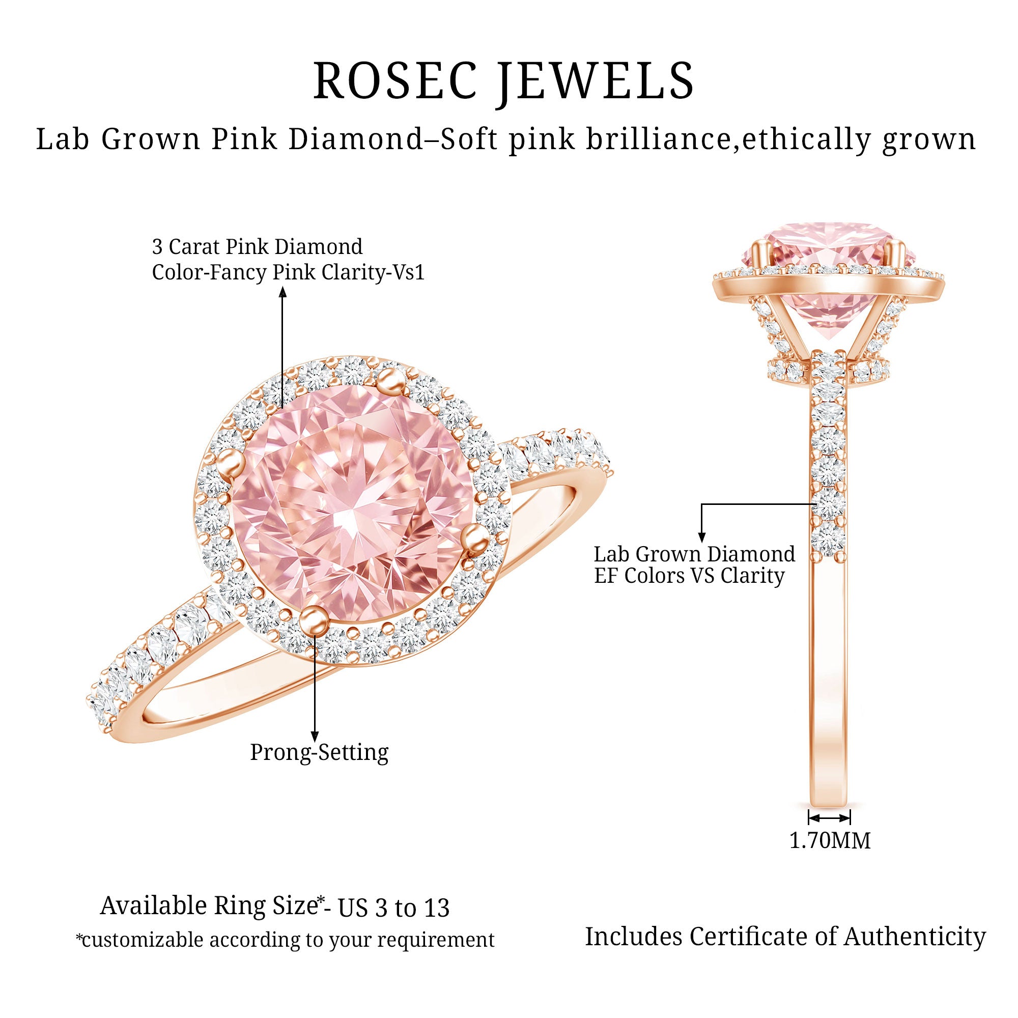 Rosec Jewels-IGI Certified Lab Created Pink Diamond 3 Carat Engagement Ring with Halo
