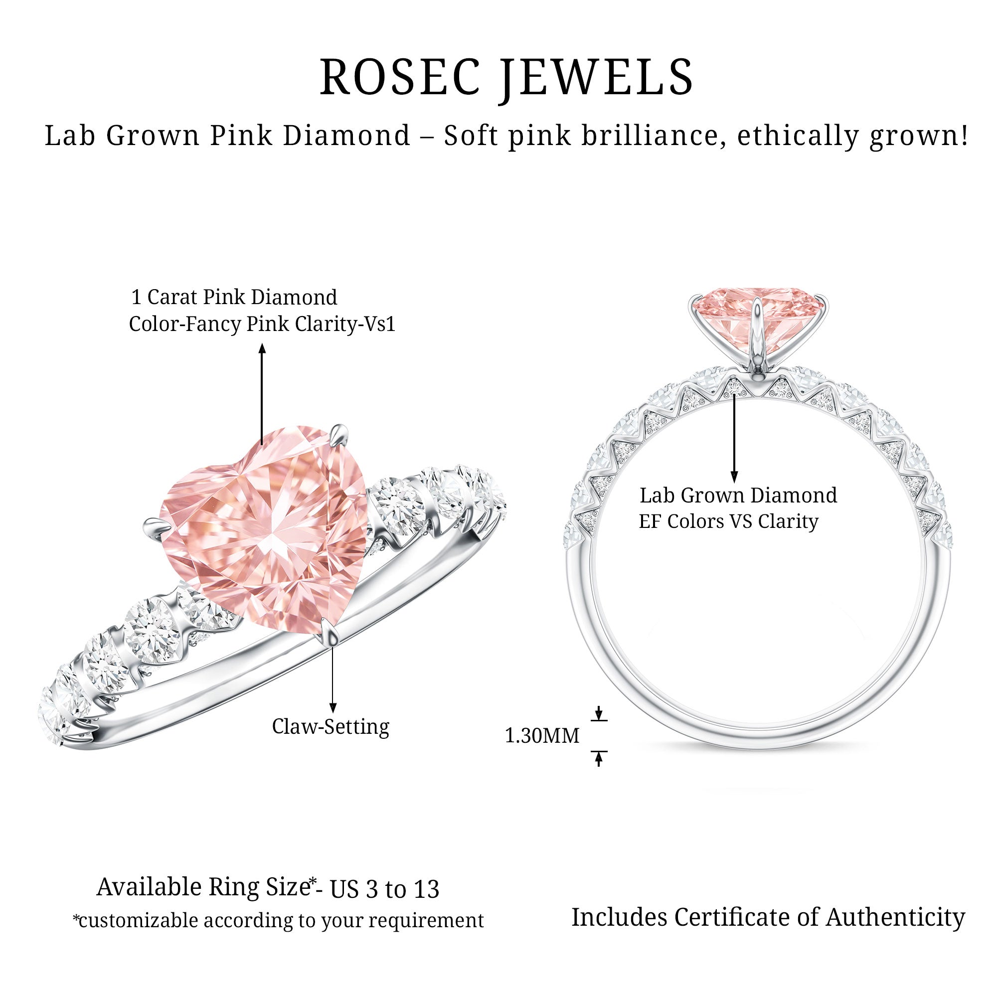 Rosec Jewels-IGI Certified 1 Carat Lab Grown Pink and White Diamond Heart Engagement Ring for Her