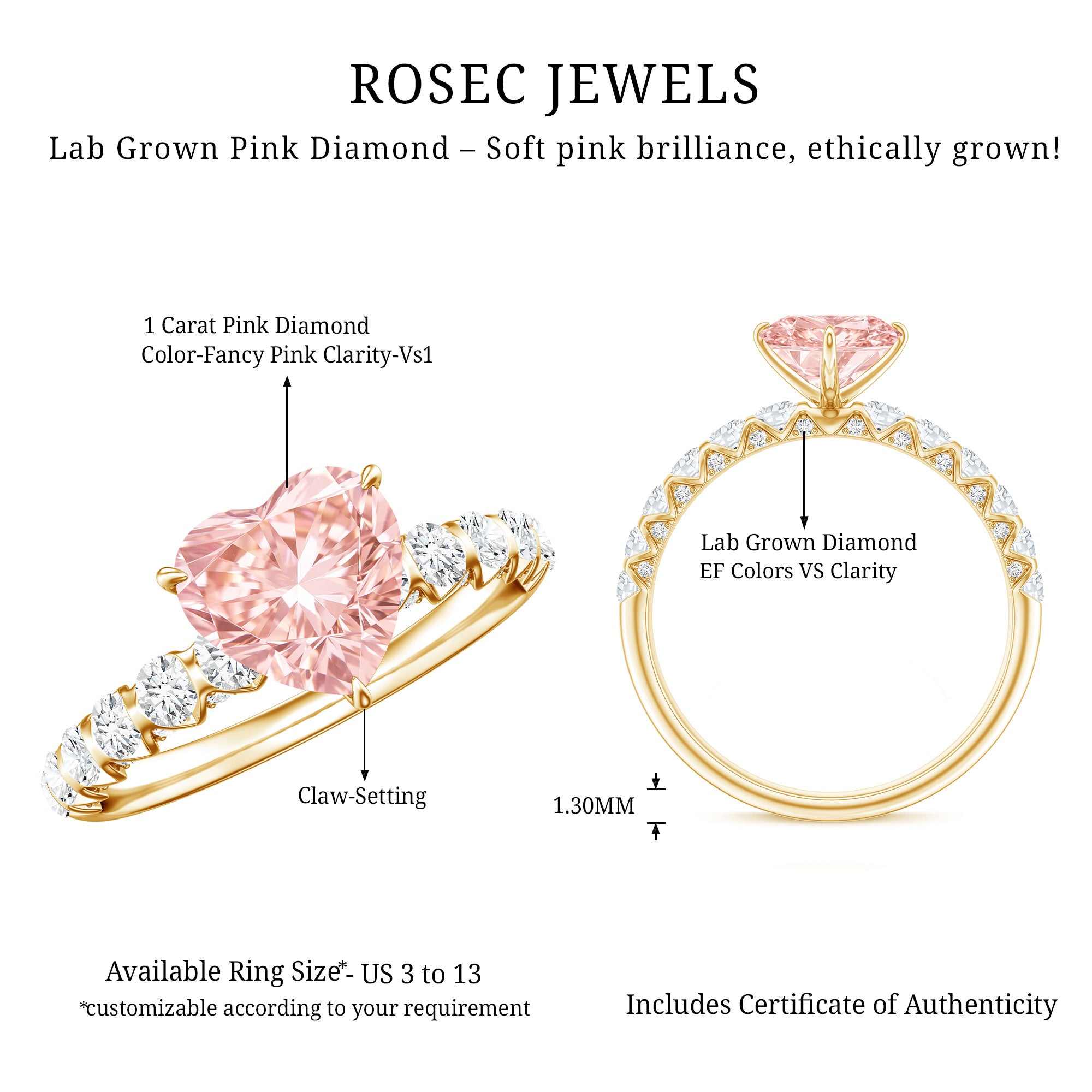 Rosec Jewels-IGI Certified 1 Carat Lab Grown Pink and White Diamond Heart Engagement Ring for Her