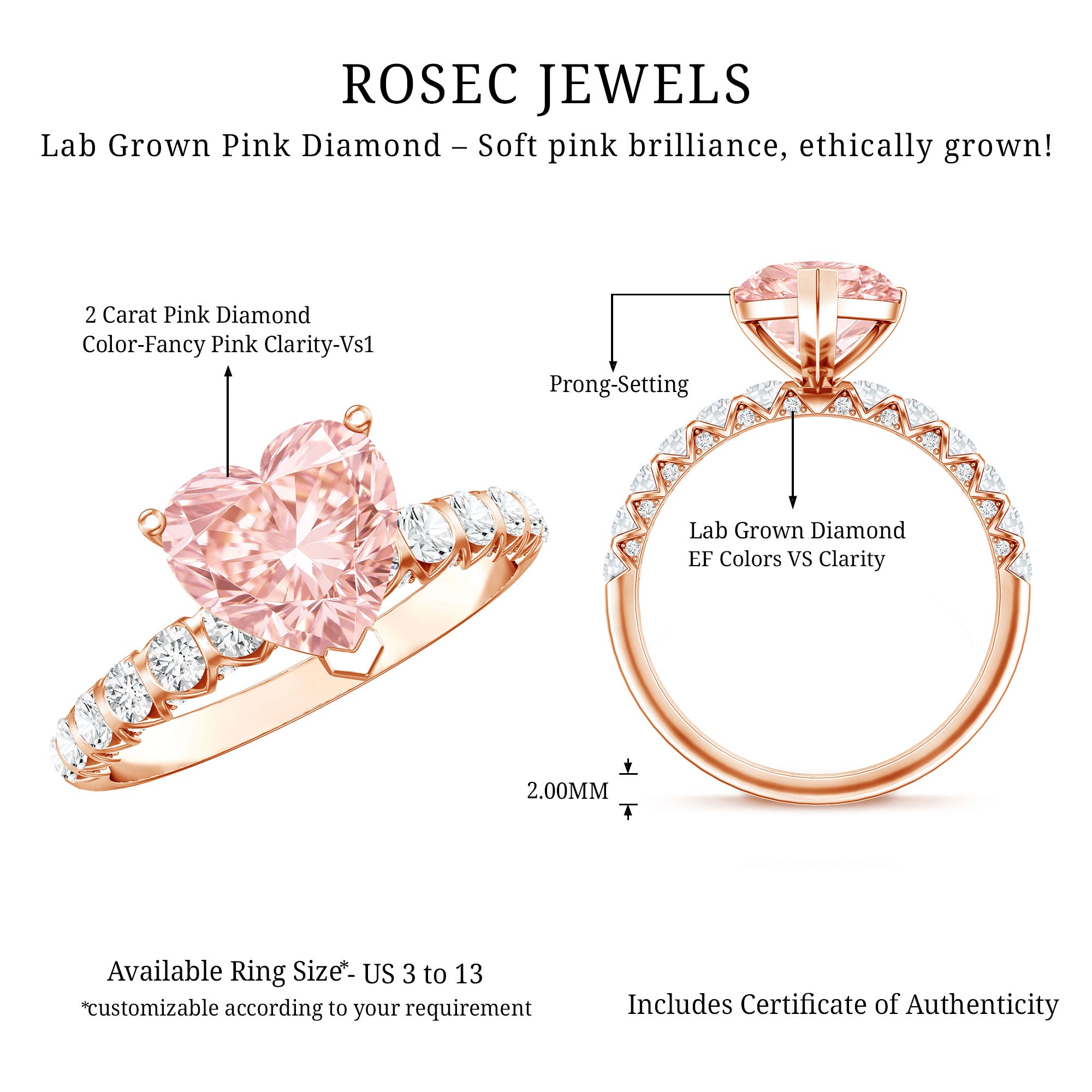 Rosec Jewels-2 Carat Heart Shape Lab Grown Pink Diamond Engagement Ring IGI Certified