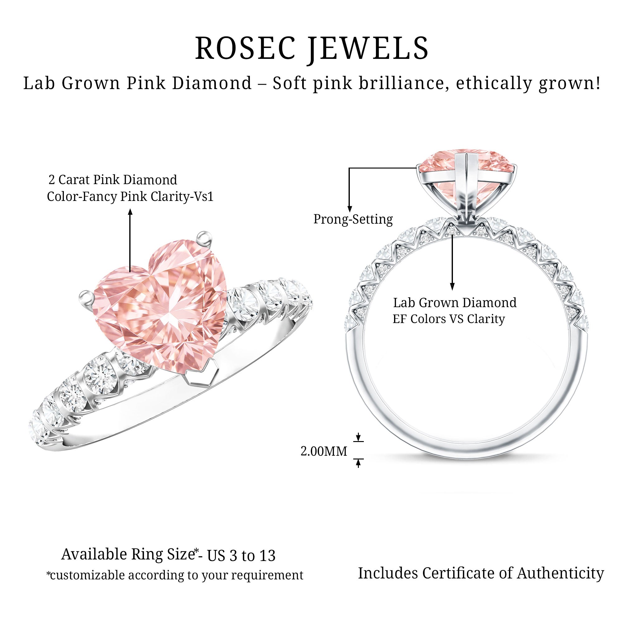 Rosec Jewels-2 Carat Heart Shape Lab Grown Pink Diamond Engagement Ring IGI Certified