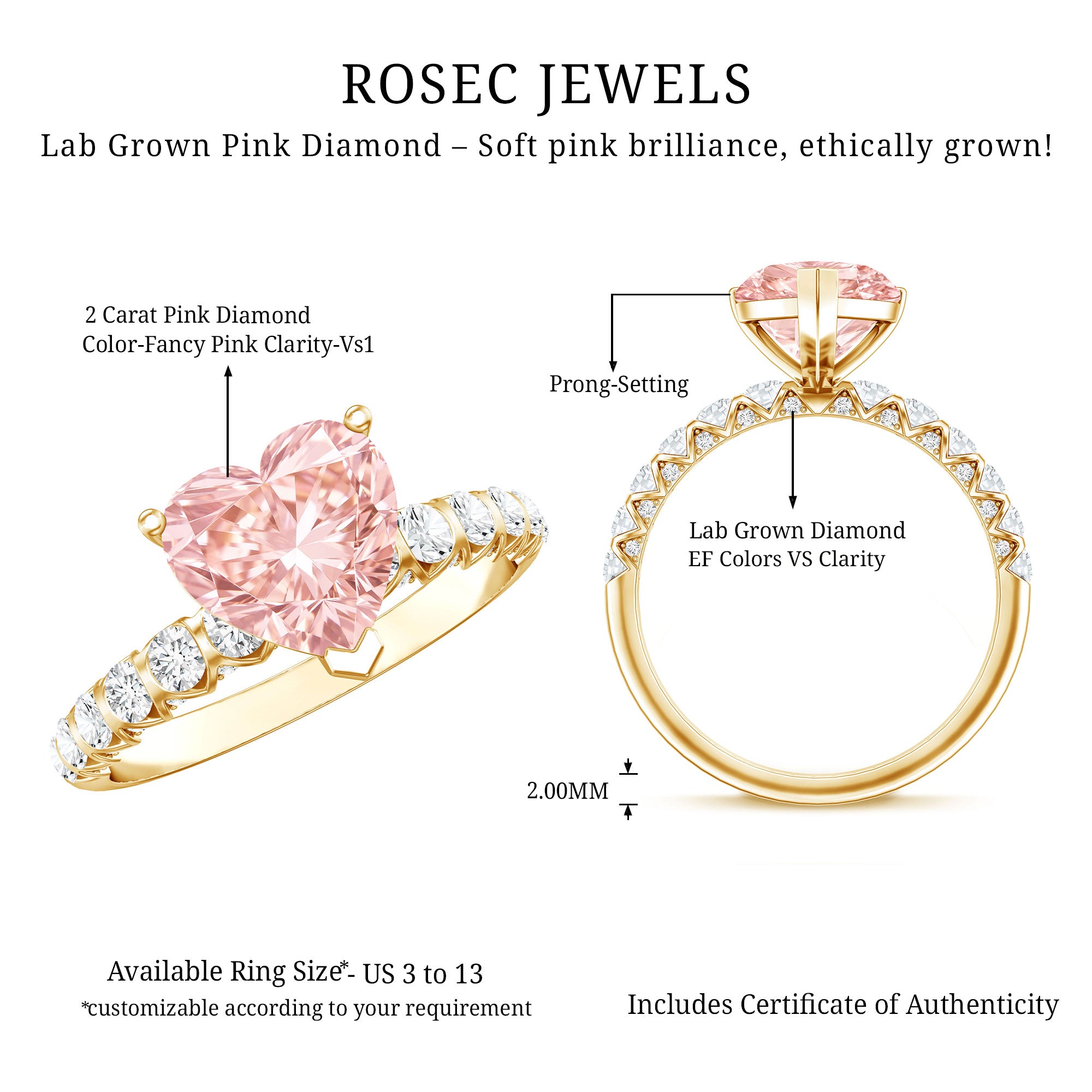 Rosec Jewels-2 Carat Heart Shape Lab Grown Pink Diamond Engagement Ring IGI Certified