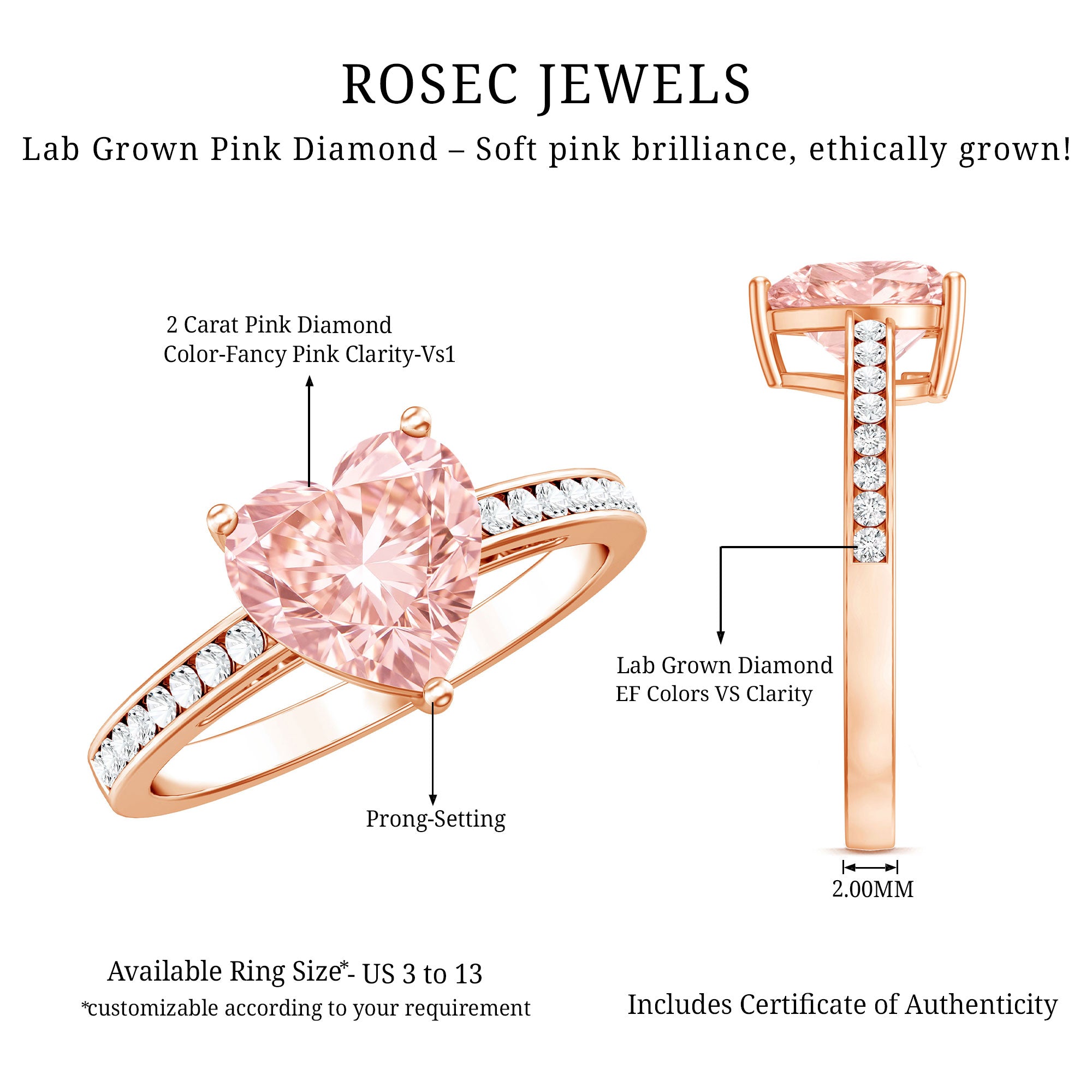 Rosec Jewels-2 Carat IGI Certified Lab Grown Pink Diamond Heart Engagement Ring For Women