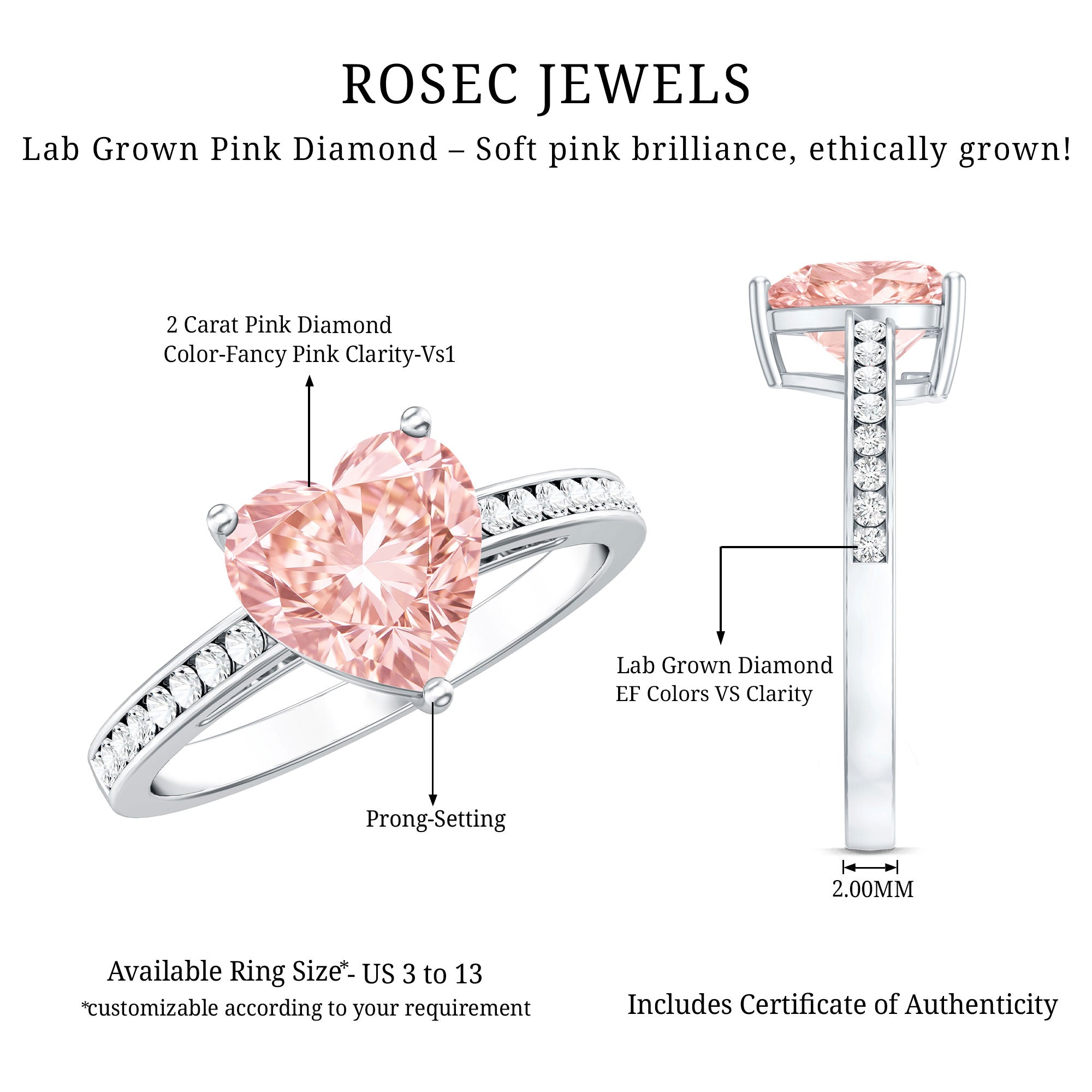 Rosec Jewels-2 Carat IGI Certified Lab Grown Pink Diamond Heart Engagement Ring For Women