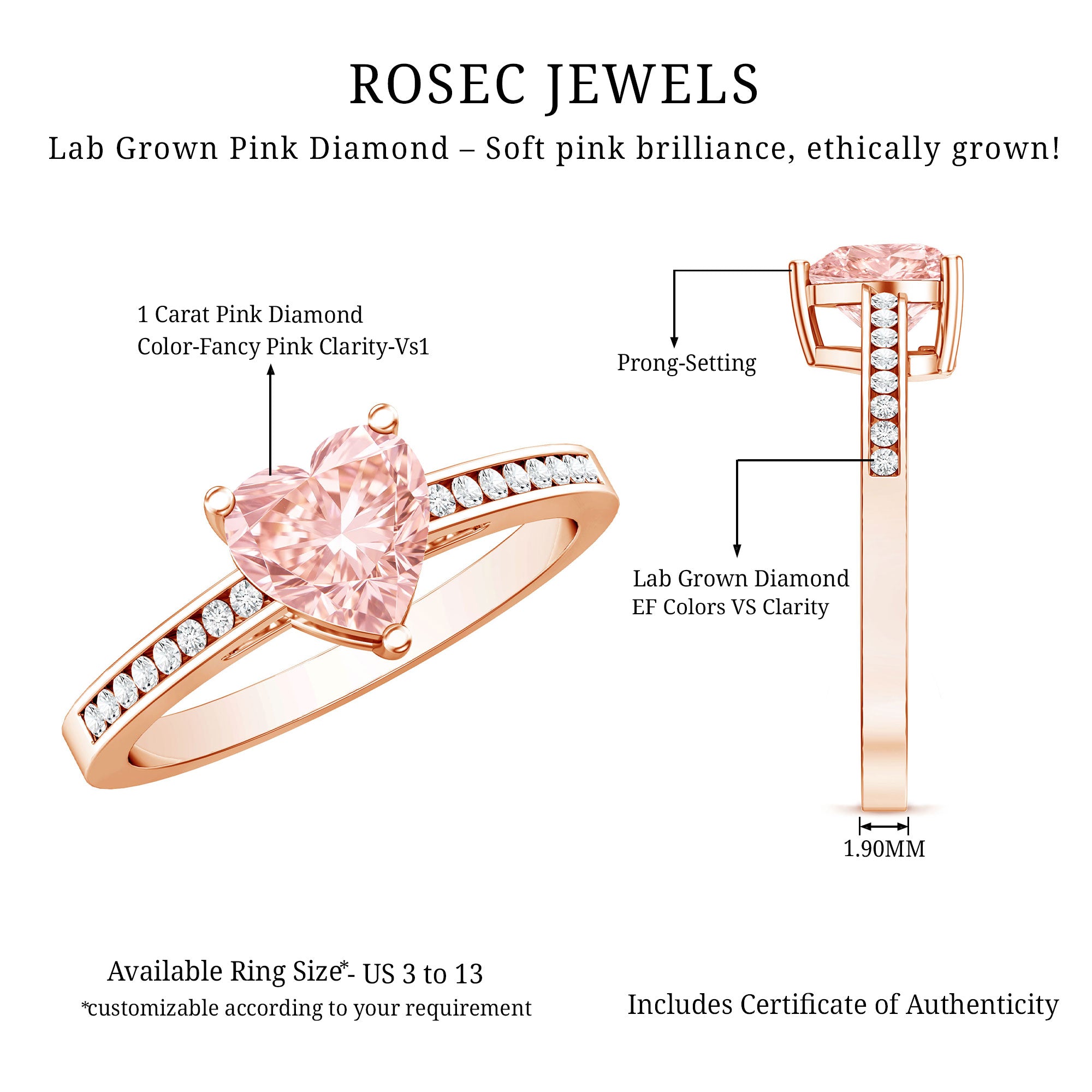 IGI Certified Heart Shape Lab Grown Pink Diamond Engagement Ring 1 Carat Fancy Pink - VS1 - Rosec Jewels