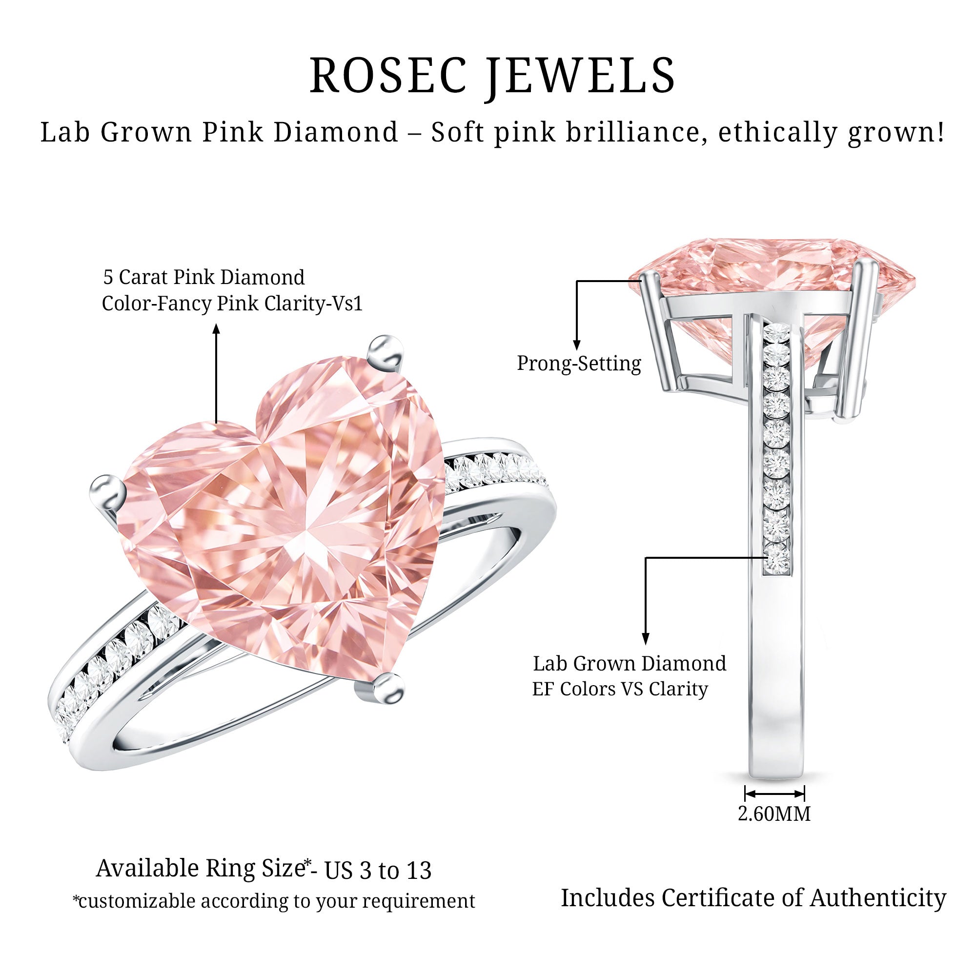 IGI Certified 5 Carat Lab Grown Pink Diamond Heart Solitaire Engagement Ring Fancy Pink - VS1 - Rosec Jewels
