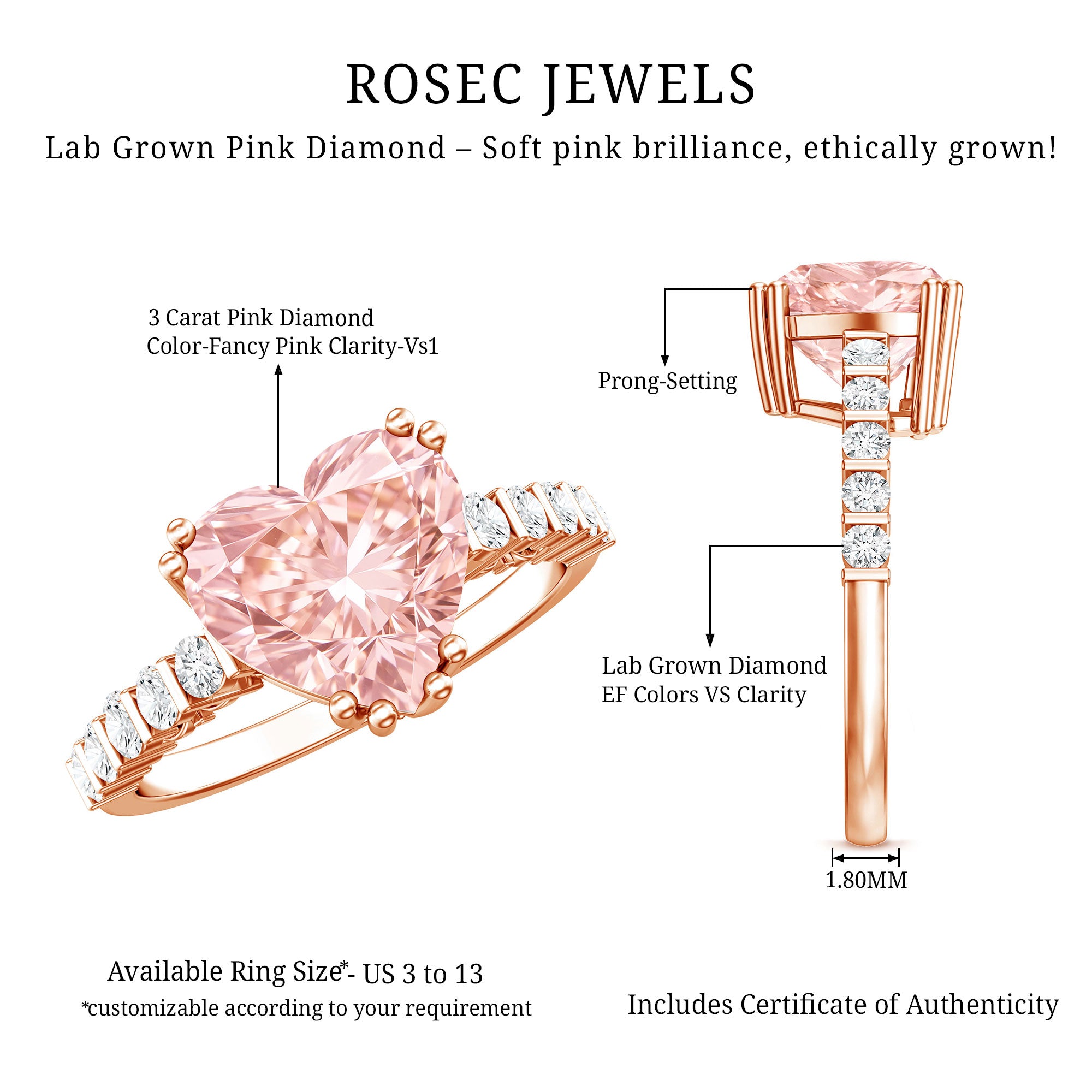 Rosec Jewels-IGI Certified 3 Carat Lab Grown Diamond Pink Heart Engagement Ring with Side Stones