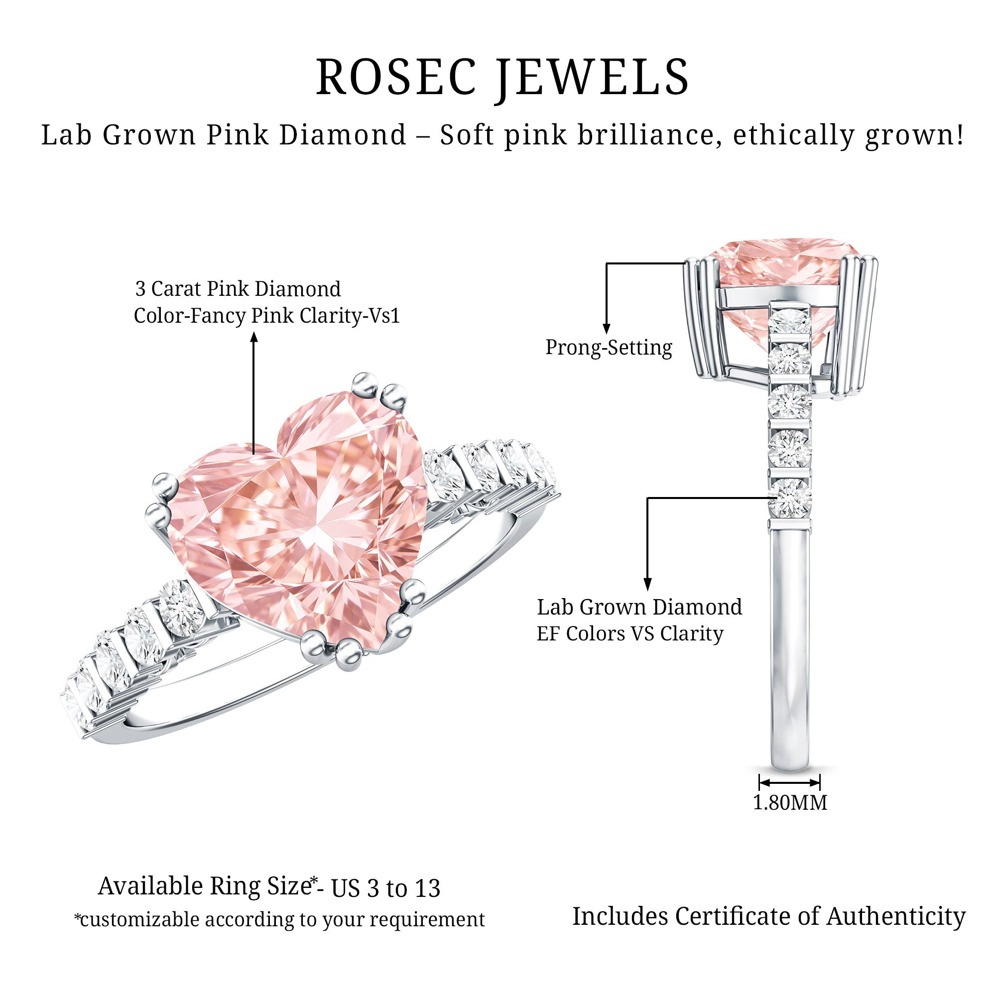 Rosec Jewels-IGI Certified 3 Carat Lab Grown Diamond Pink Heart Engagement Ring with Side Stones