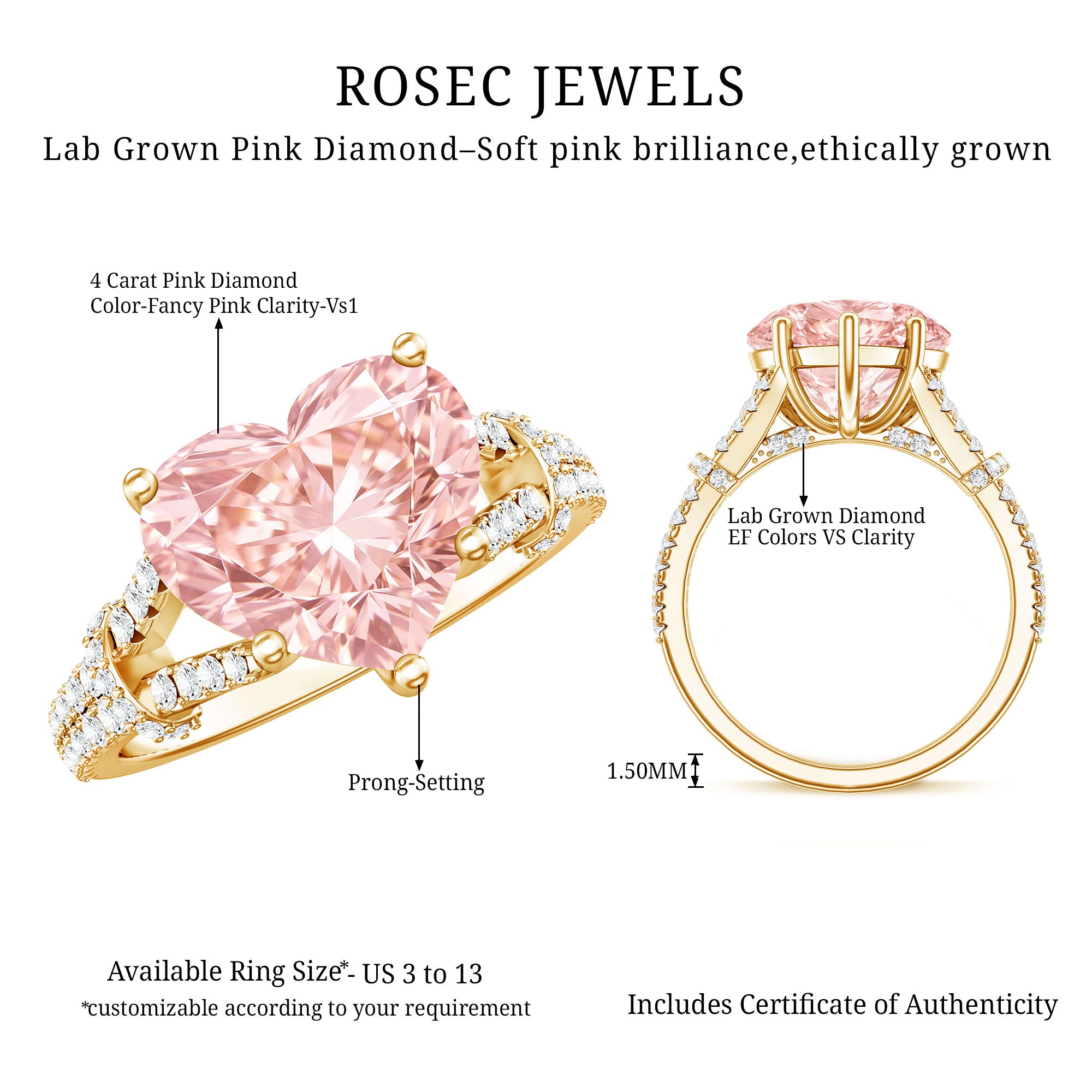 Rosec Jewels-IGI Certified 4 Carat Lab Grown Pink Diamond Heart Engagement Ring with Split Shank