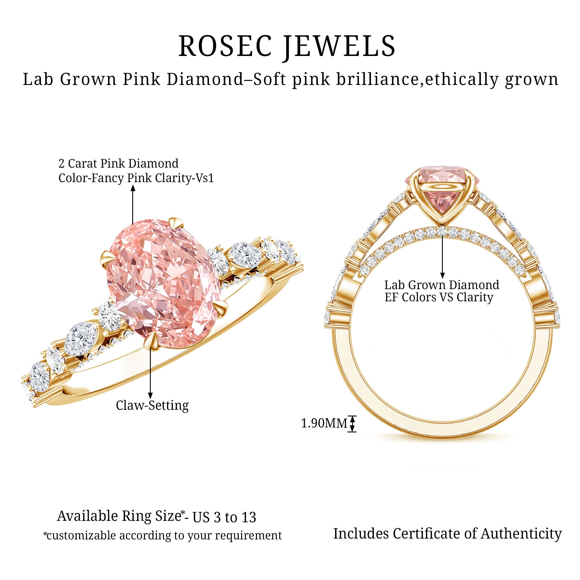 Rosec Jewels-IGI Certified Lab Grown 2 Carat Pink Diamond Oval Engagement Ring with Surprise Band