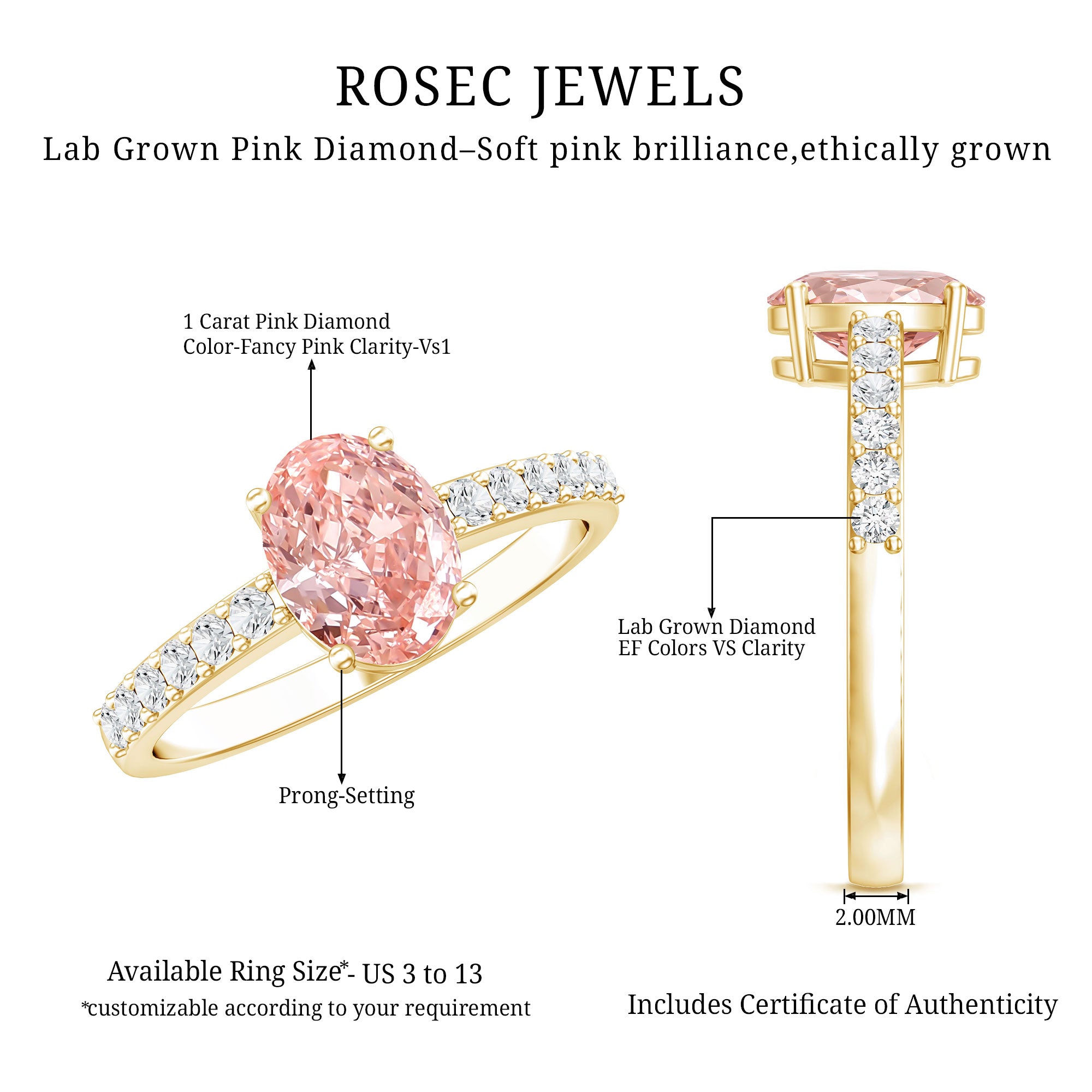 IGI Certified 1 Carat Lab Grown Pink Diamond Oval Engagement Ring for Women Fancy Pink - VS1 - Rosec Jewels