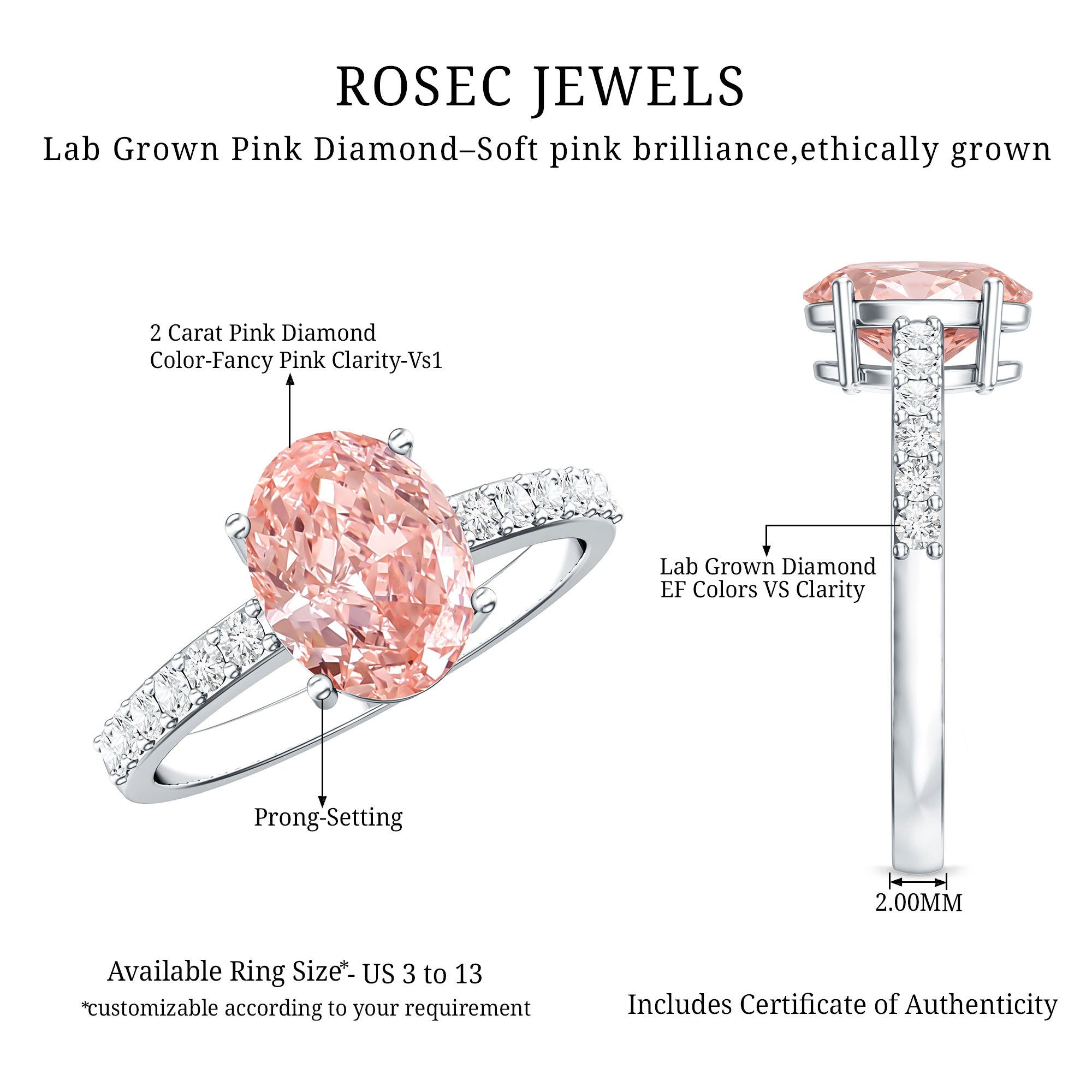 Rosec Jewels-IGI Certified 2 Carat Lab Grown Oval Pink Diamond Engagement Ring with Side Stones