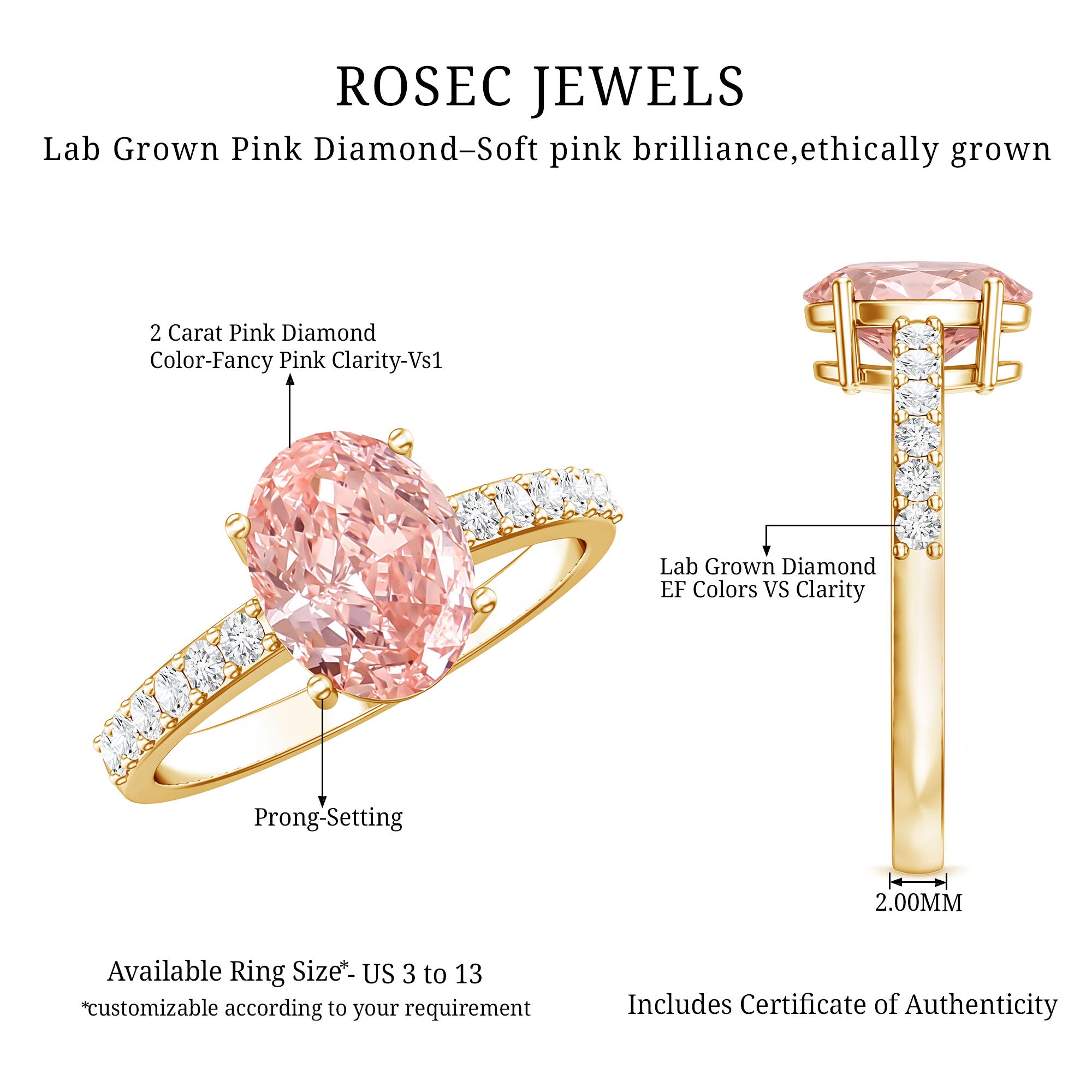 Rosec Jewels-IGI Certified 2 Carat Lab Grown Oval Pink Diamond Engagement Ring with Side Stones