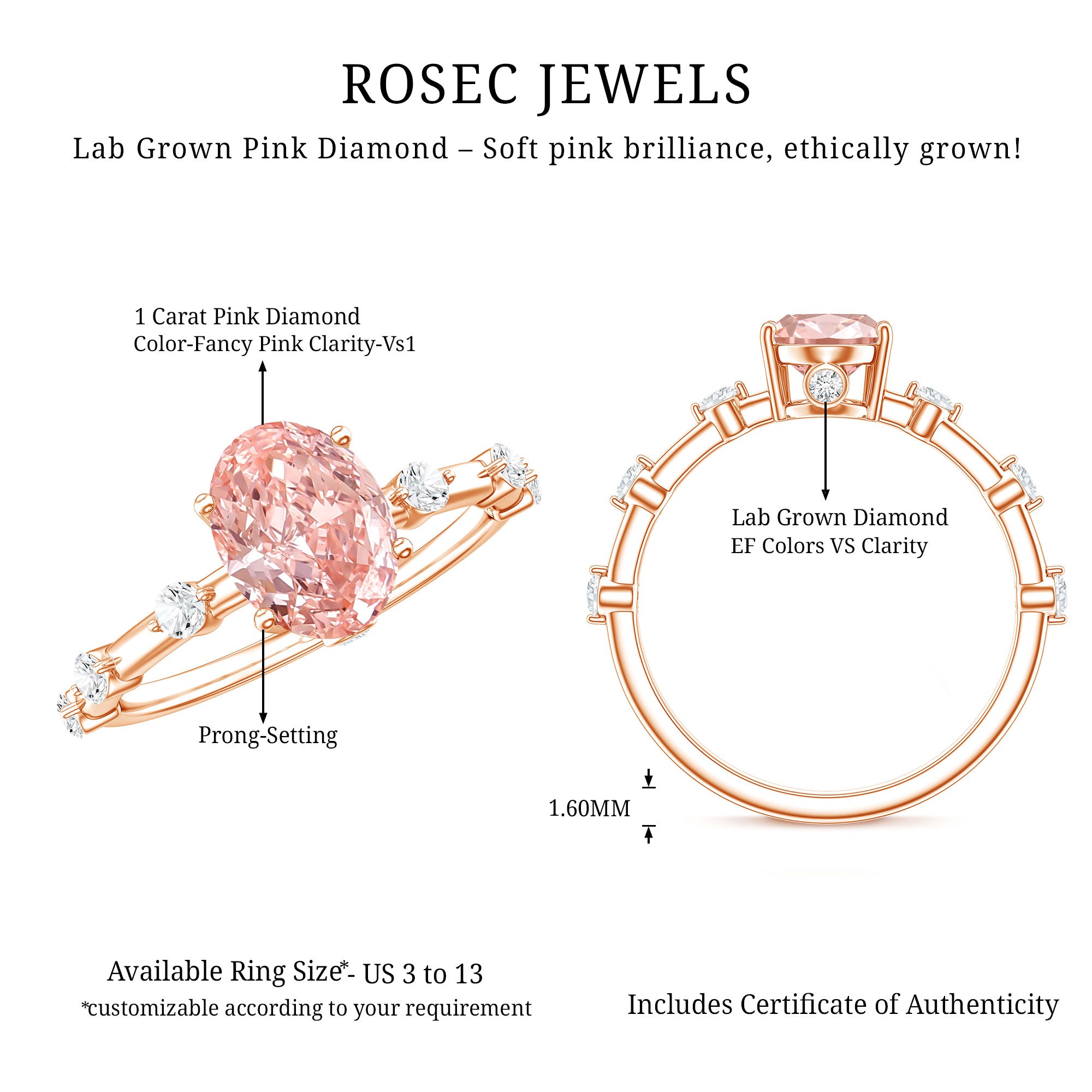 Rosec Jewels-Oval Cut 1 Carat Lab Grown Pink Diamond Solitaire Engagement Ring IGI Certified
