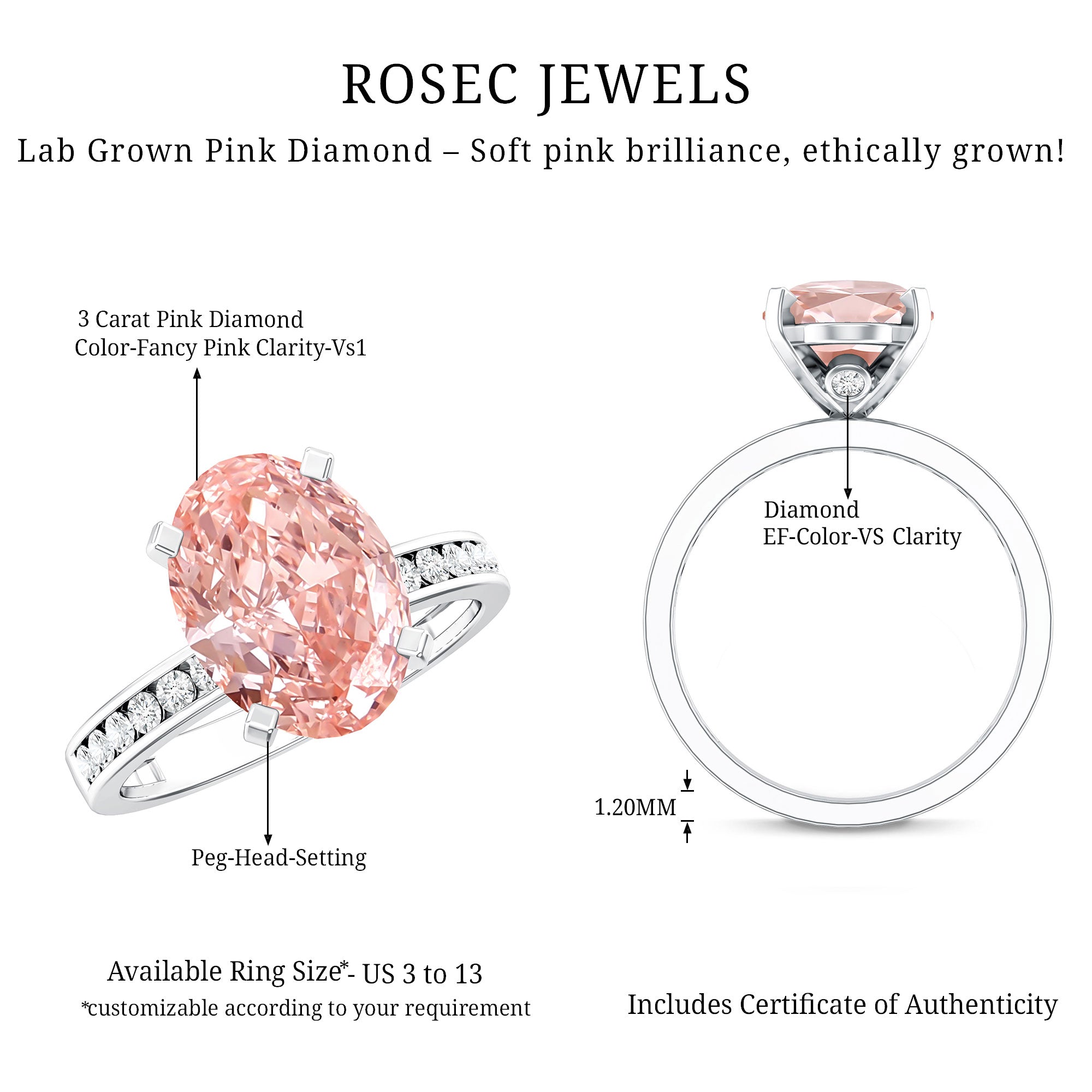 Rosec Jewels-IGI Certified 3 Carat Lab Grown Pink Diamond Oval Solitaire Engagement Ring