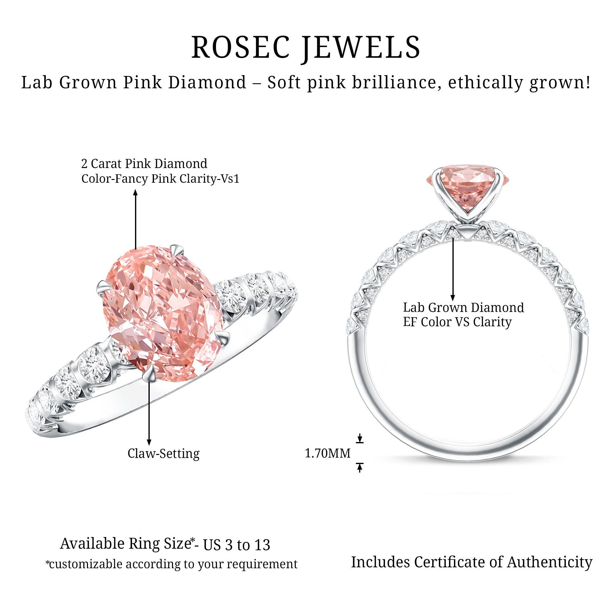 Rosec Jewels-2 Carat Oval Lab Created Pink and White Diamond Engagement Ring with IGI Certificate