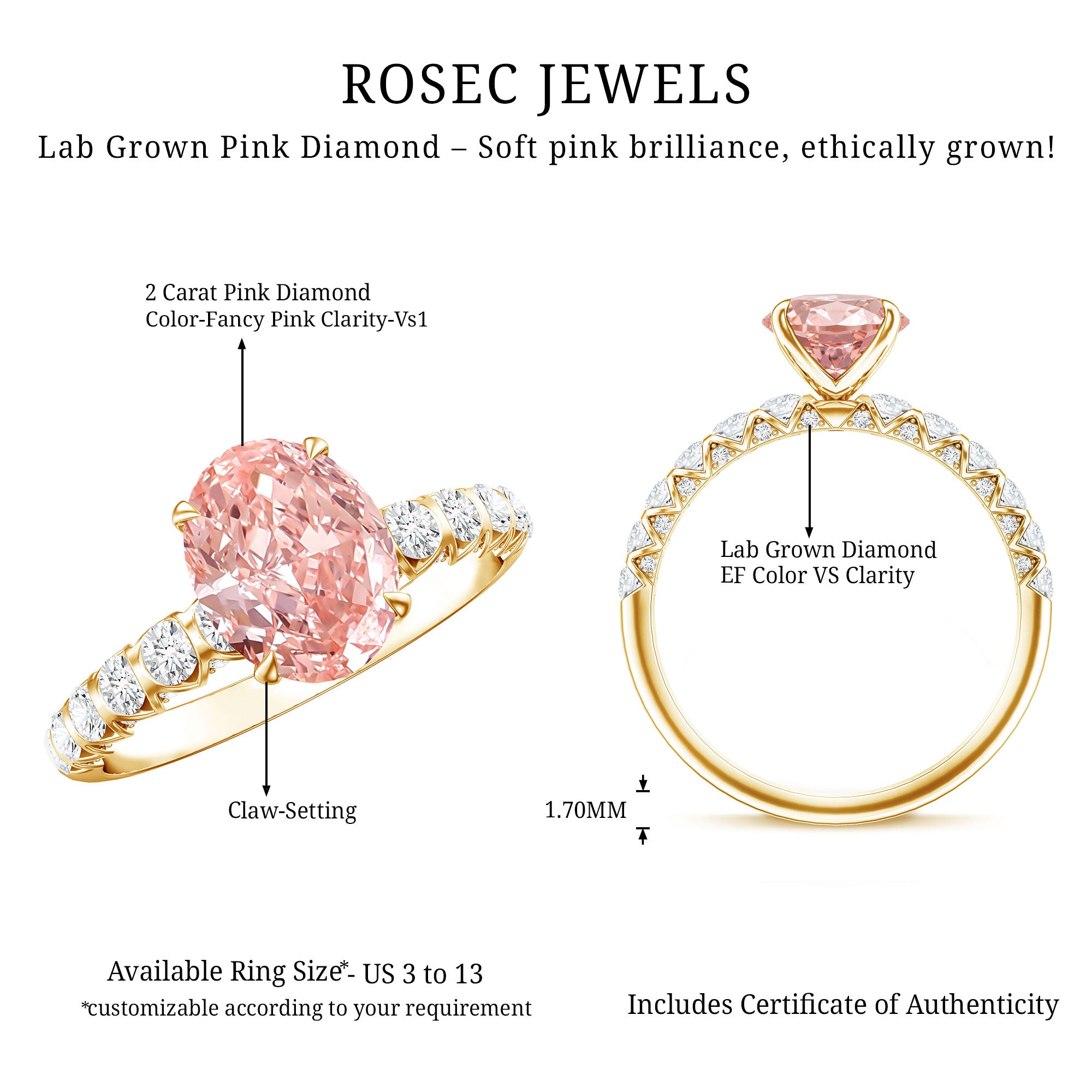 Rosec Jewels-2 Carat Oval Lab Created Pink and White Diamond Engagement Ring with IGI Certificate