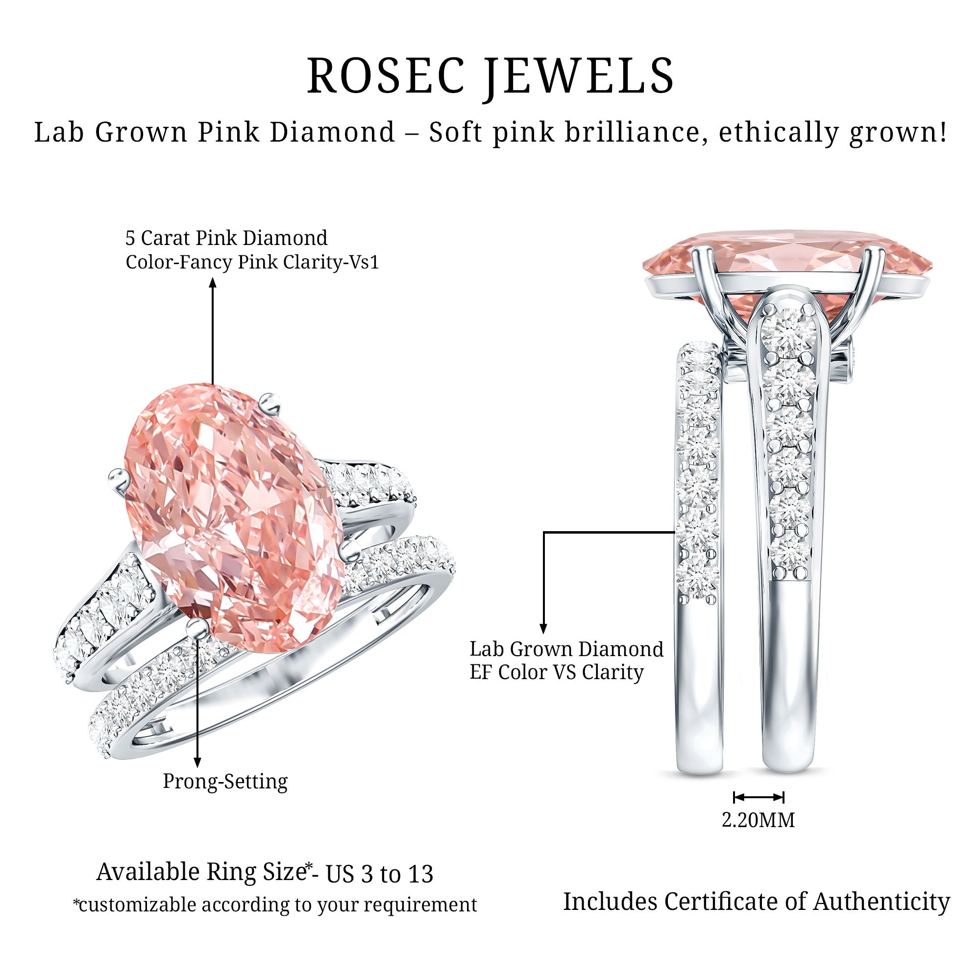 Rosec Jewels-5 Carat IGI Certified Lab Grown Pink Diamond Oval Engagement Ring Set