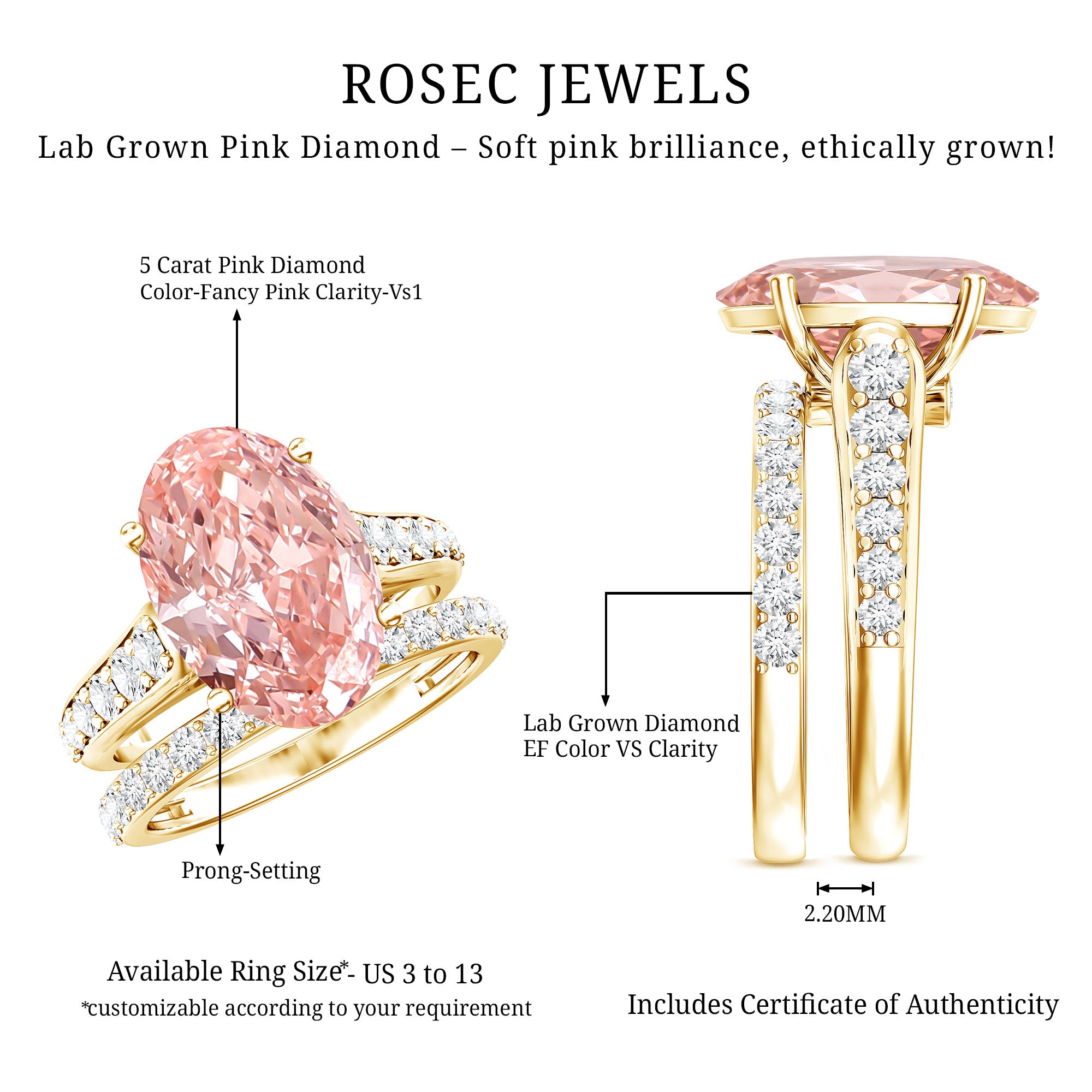 Rosec Jewels-5 Carat IGI Certified Lab Grown Pink Diamond Oval Engagement Ring Set