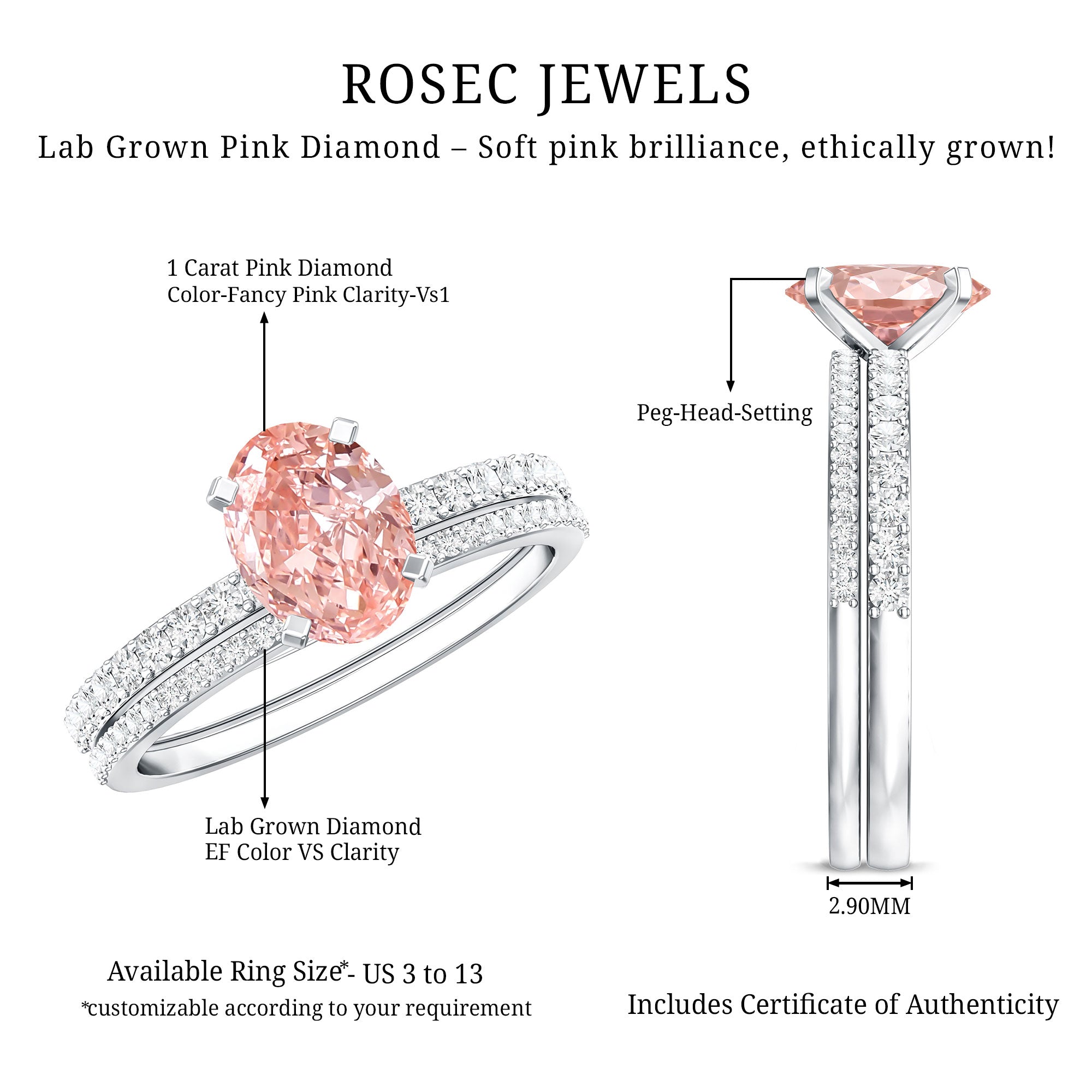 Rosec Jewels-IGI Certified 1 Carat Lab Grown Pink Diamond Oval Wedding Ring Set