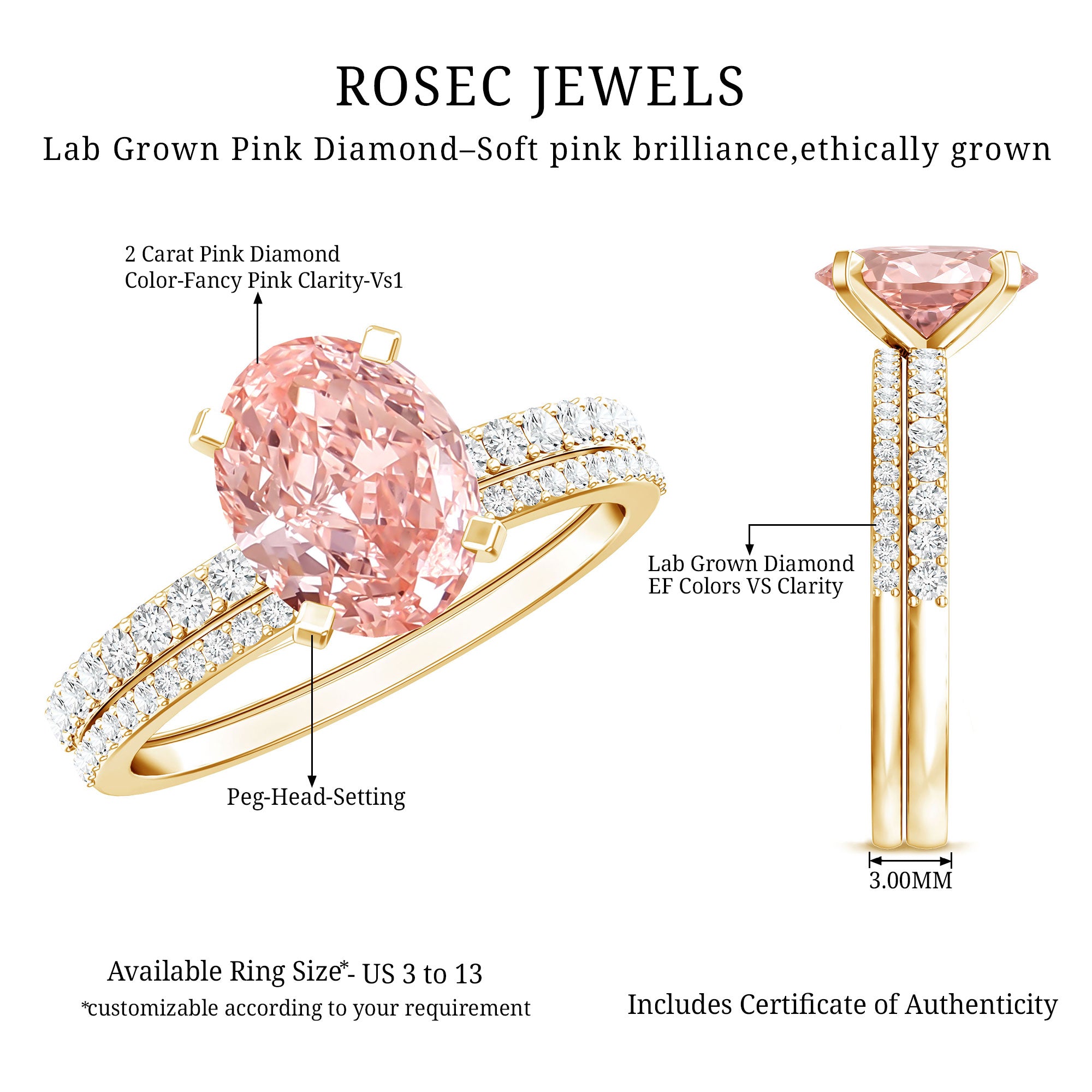 Rosec Jewels-Oval Shaped 2 Carat Lab Grown Pink Diamond Solitaire Bridal Ring Set with IGI Certificate