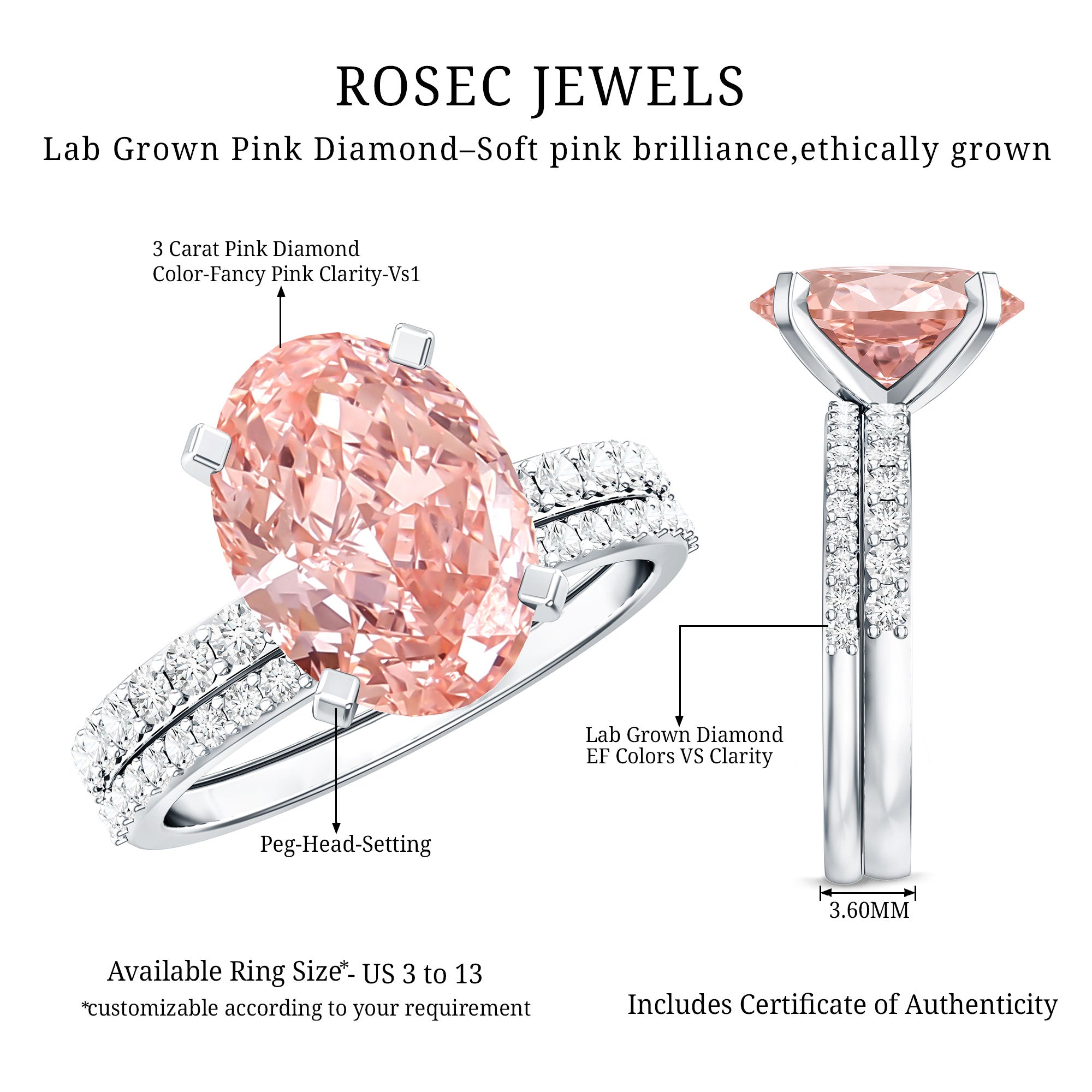 3 Carat Lab Grown Pink Diamond Oval Shape Wedding Ring Set IGI Certified Fancy Pink - VS1 - Rosec Jewels