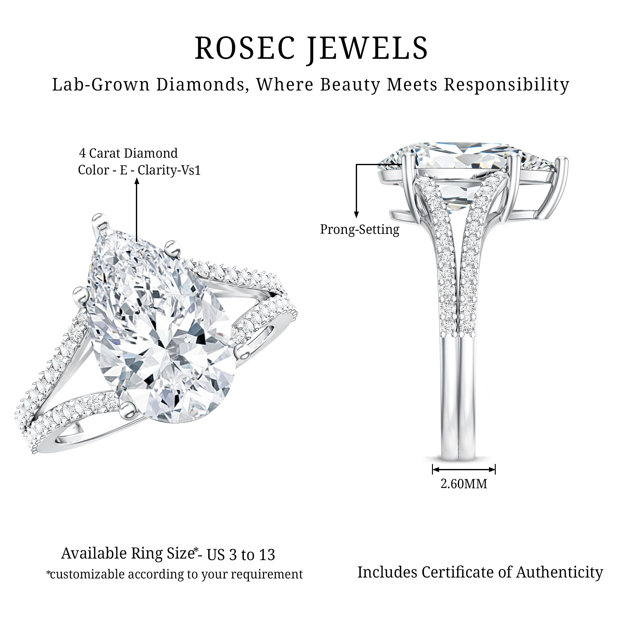 Rosec Jewels-Pear Shaped Lab Grown 4 Carat Diamond Split Shank Engagement Ring IGI Certified