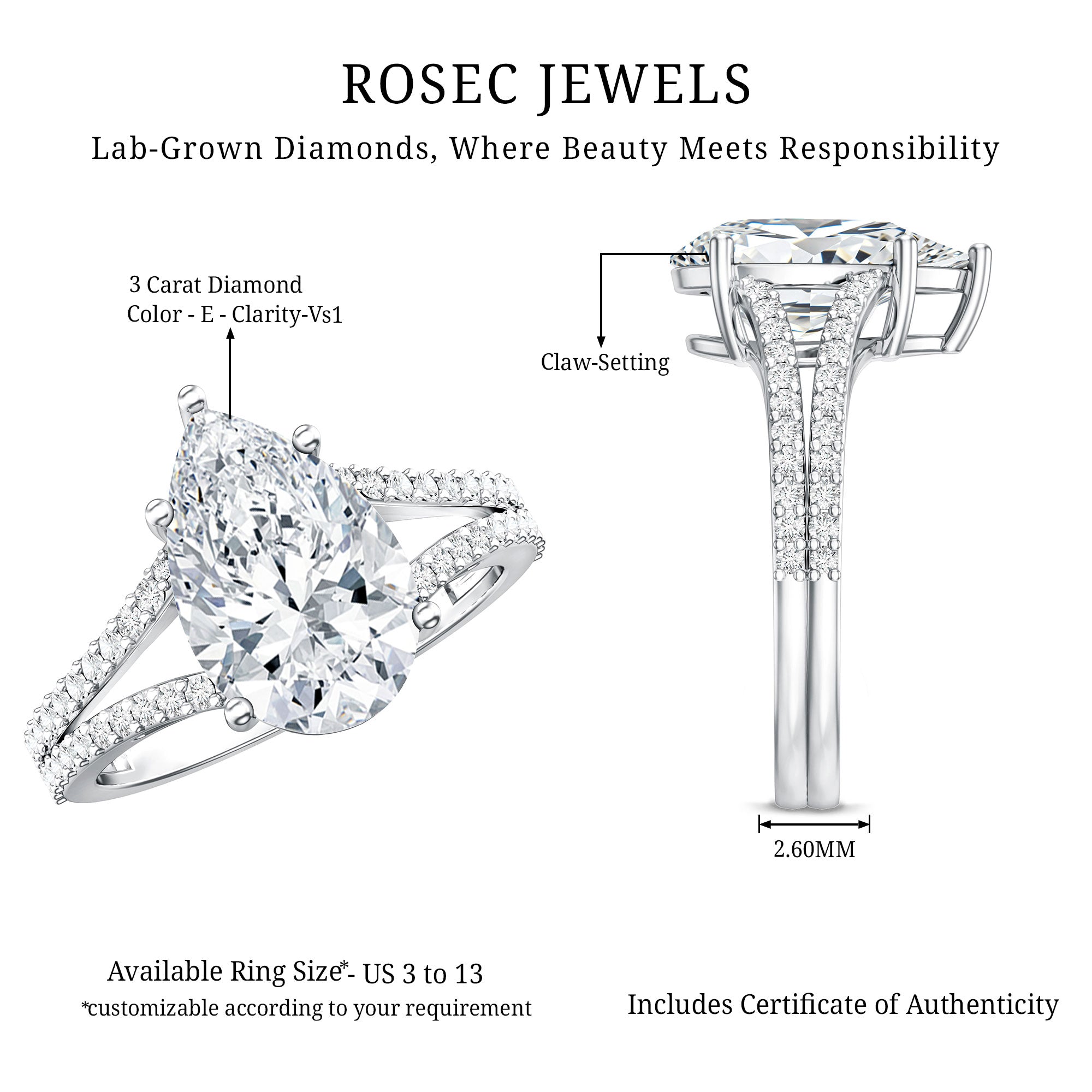 Rosec Jewels-3 Carat IGI Certified Lab Grown Pear Diamond Engagement Ring with Split Shank