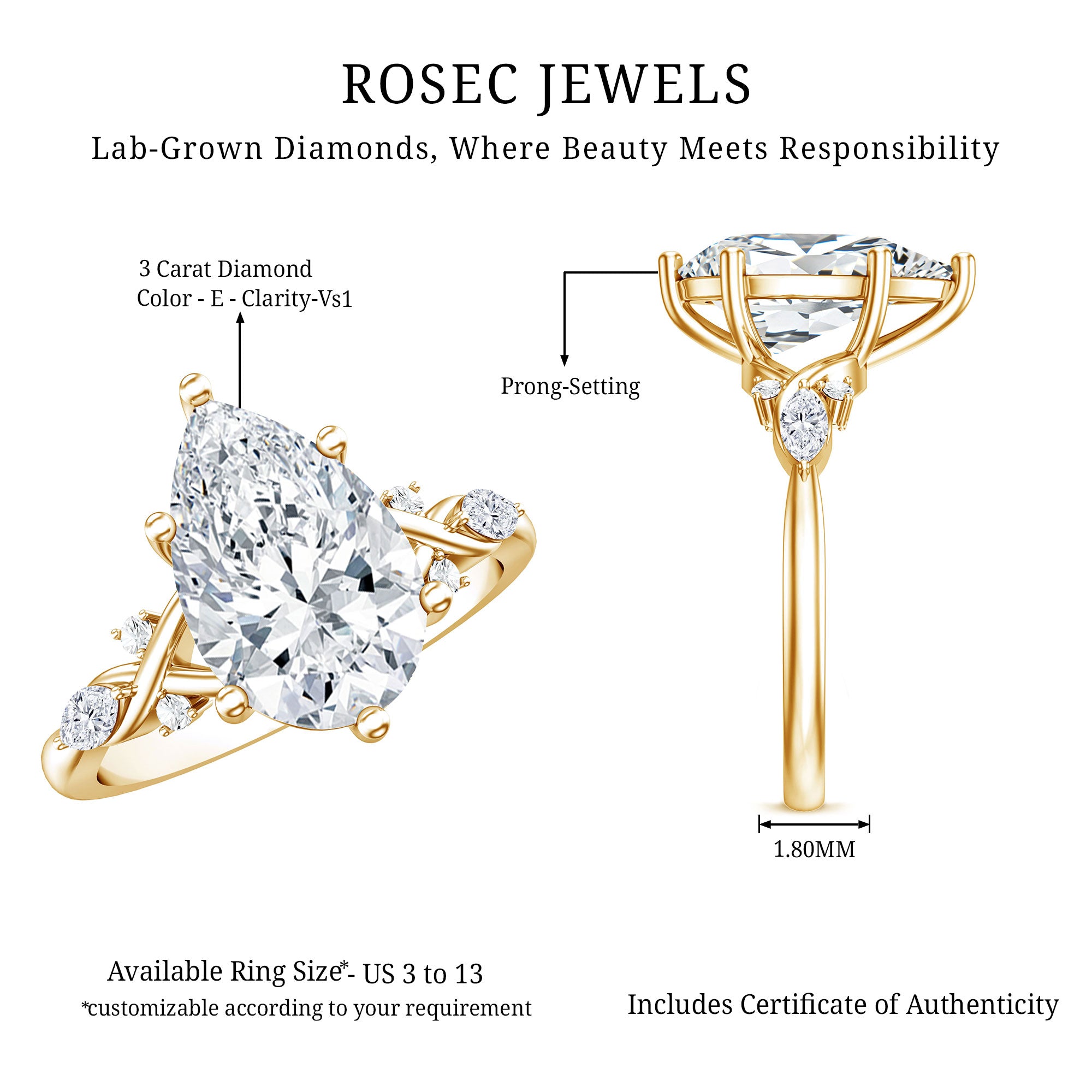 Rosec Jewels-Lab Grown 3 Carat Diamond Vintage Looking Engagement Ring with IGI Certificate