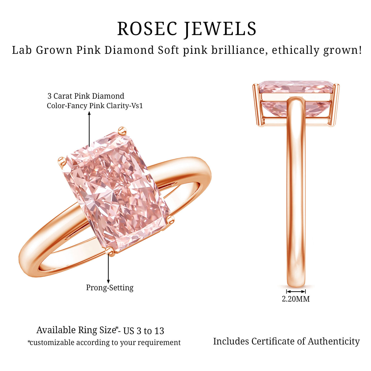 Solitaire 3 Carat Lab Grown Pink Diamond Radiant Cut Engagement Ring IGI Certified Fancy Pink - VS1 - Rosec Jewels