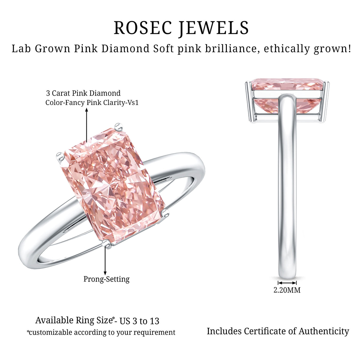 Solitaire 3 Carat Lab Grown Pink Diamond Radiant Cut Engagement Ring IGI Certified Fancy Pink - VS1 - Rosec Jewels
