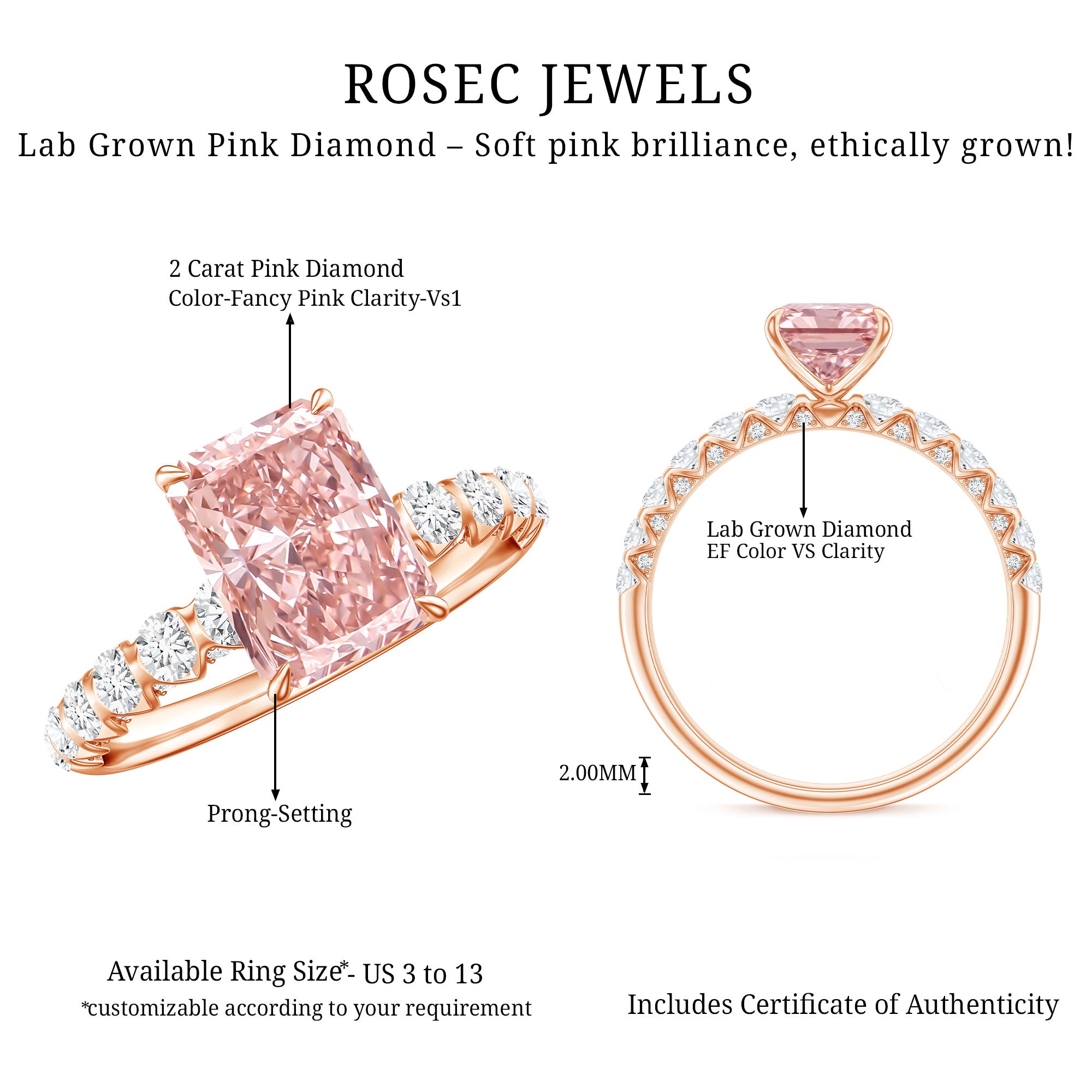 Rosec Jewels-Lab Grown Pink Diamond 2 Carat Radiant Cut Engagement Ring IGI Certified