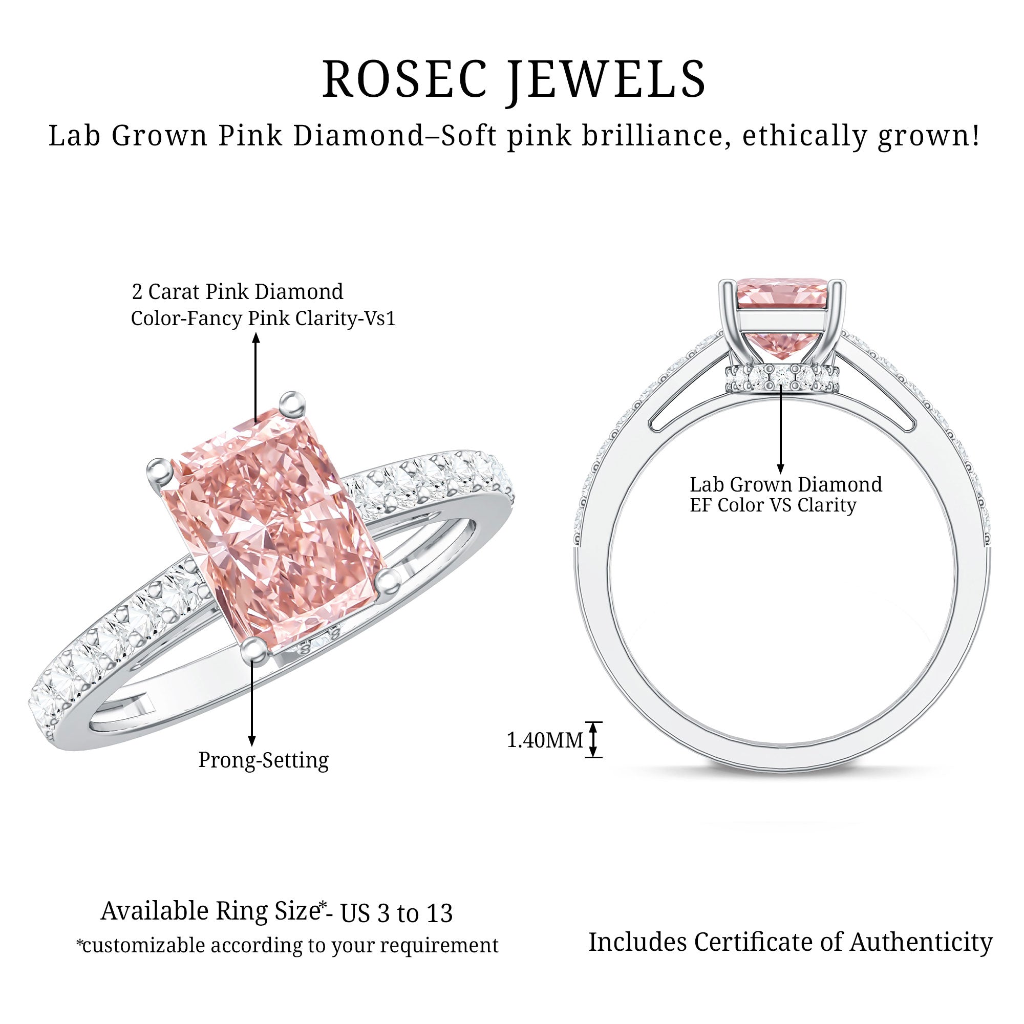 Rosec Jewels-2 Ct Radiant Cut Lab Grown Pink Diamond Hidden Halo Engagement Ring IGI Certified