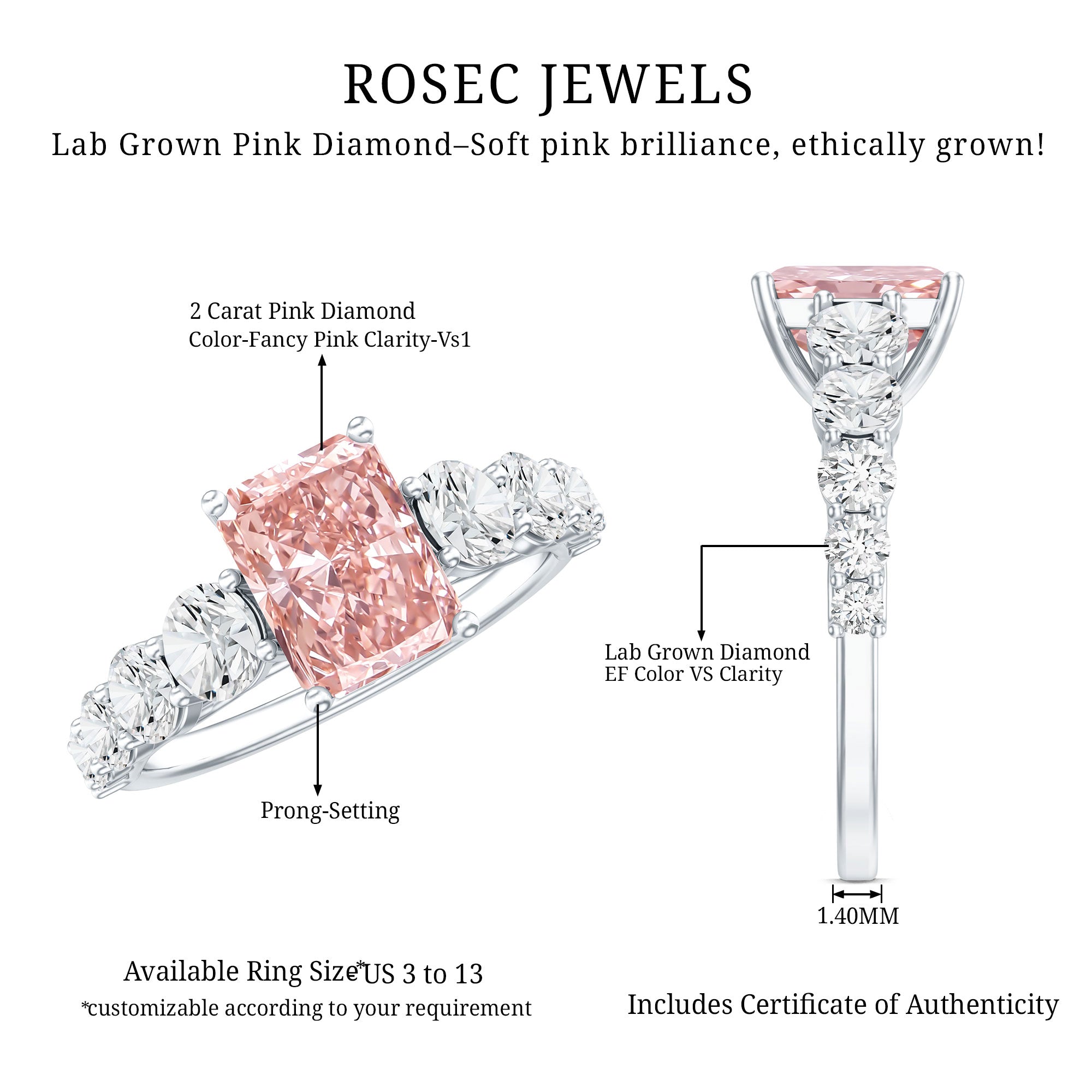 Rosec Jewels-IGI Certified 2 Ct Lab Grown Radiant Cut Pink Diamond Engagement Ring with Side Stones