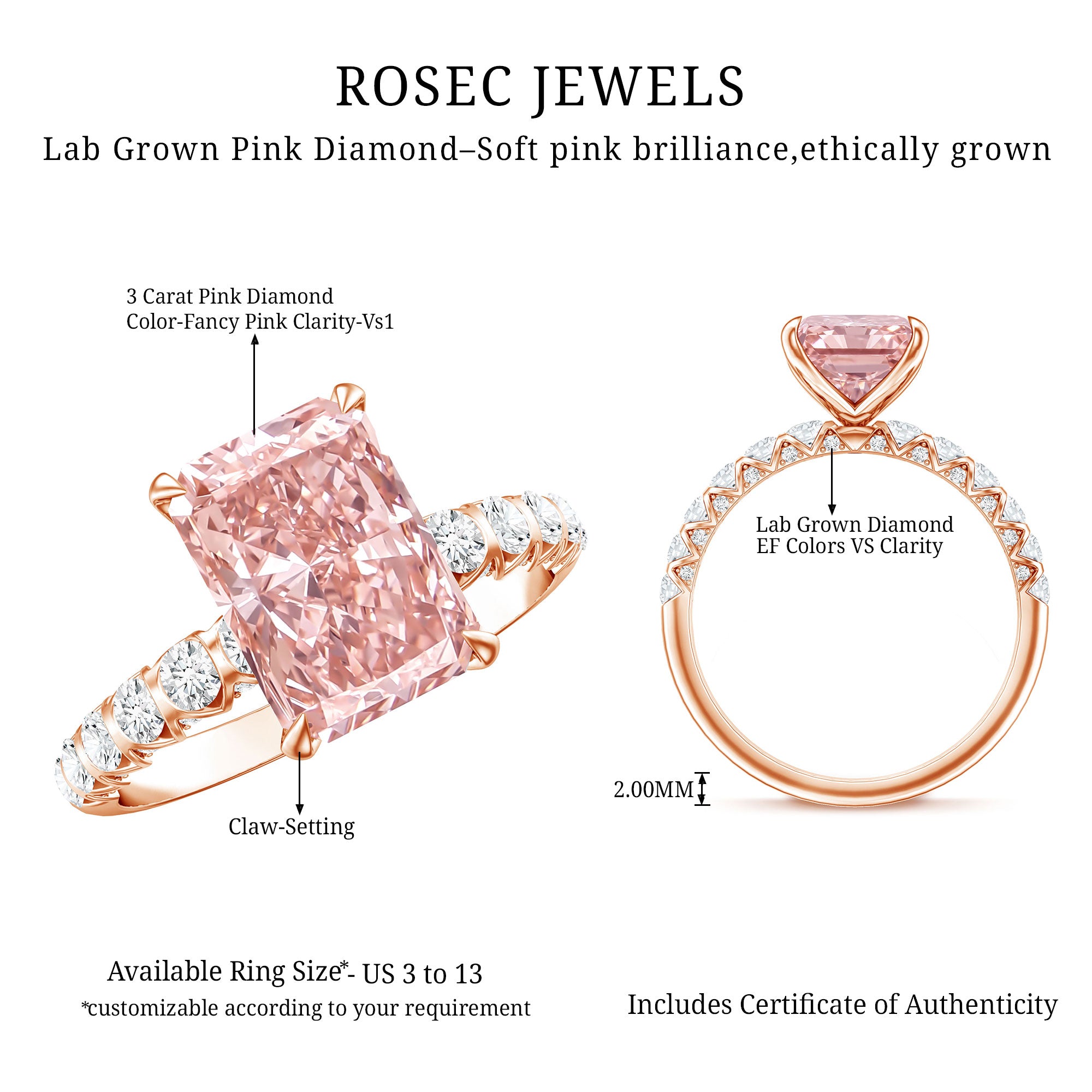 Rosec Jewels-IGI Certified Radiant Cut Lab Pink Diamond 3 Carat Engagement Ring with Side Stones